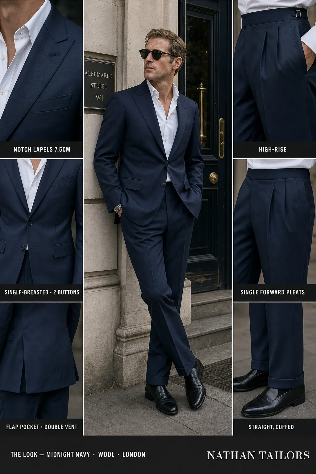 midnight navy single-breasted notch-lapel bespoke suit — AI-rendered by Nathan Tailors, the Hoi An custom tailor. Available as a custom tailored suit from $149.