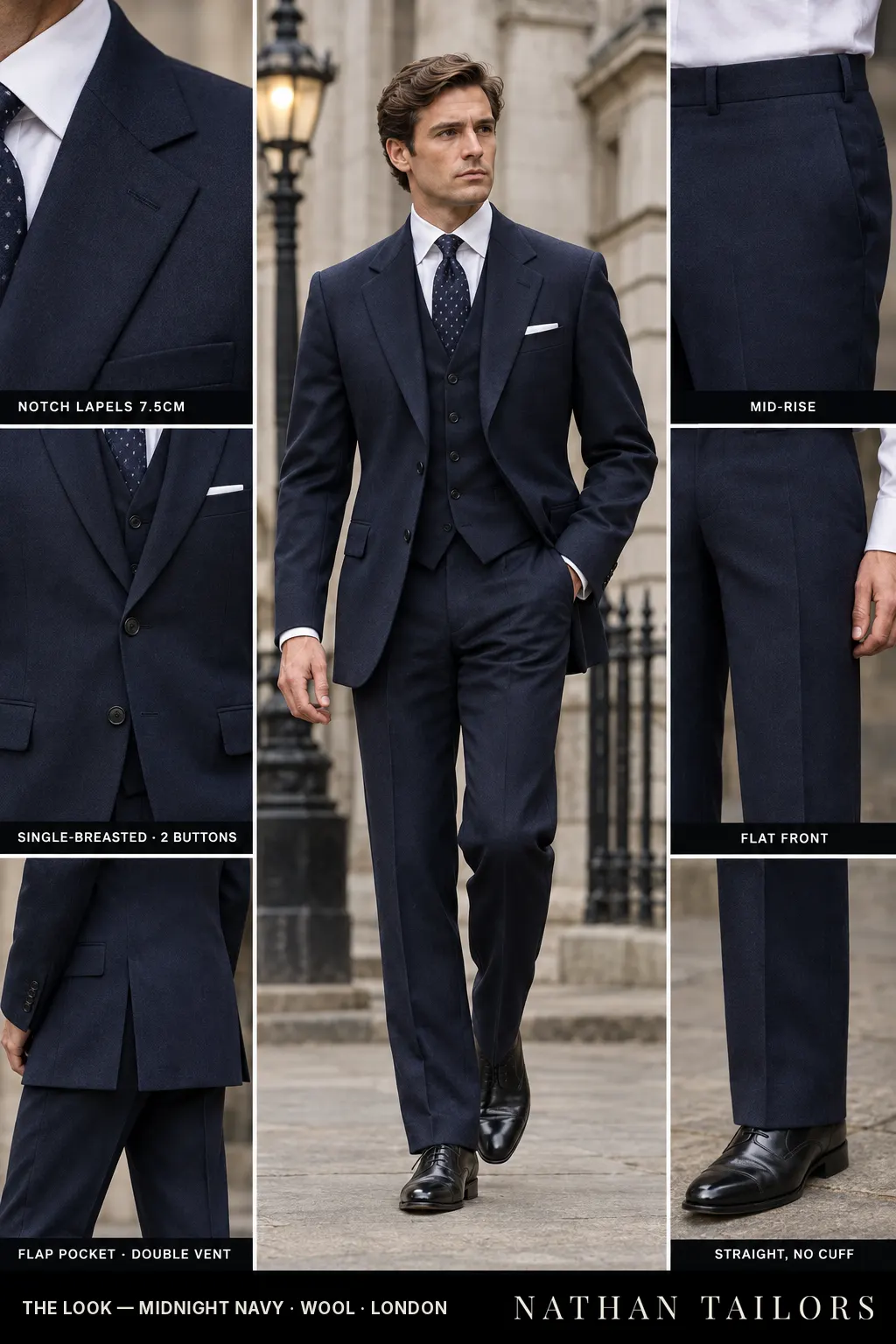 midnight navy single-breasted notch-lapel bespoke suit โ AI-rendered by Nathan Tailors, the Hoi An custom tailor. Available as a custom tailored suit from $149.