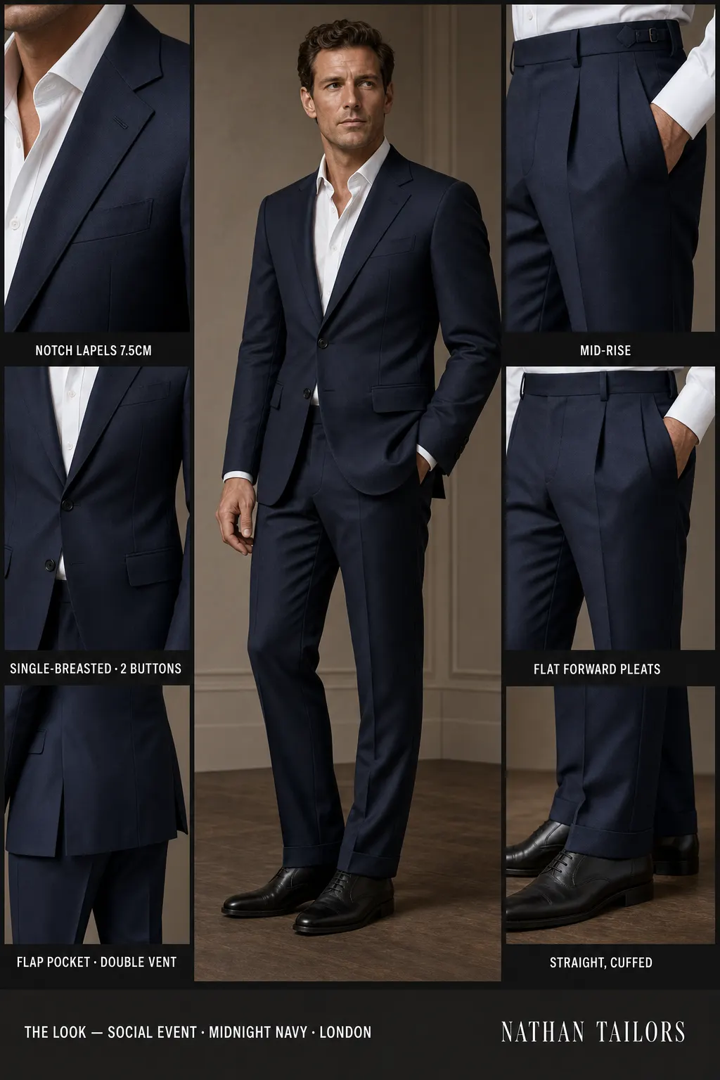 midnight navy single-breasted notch-lapel bespoke suit — AI-rendered by Nathan Tailors, the Hoi An custom tailor. Available as a custom tailored suit from $149.