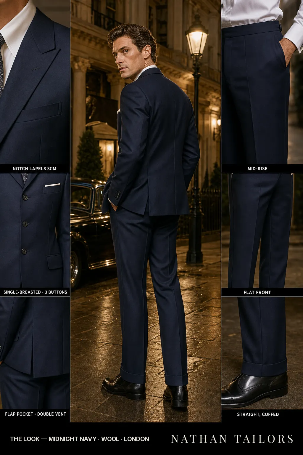midnight navy single-breasted notch-lapel bespoke suit — AI-rendered by Nathan Tailors, the Hoi An custom tailor. Available as a custom tailored suit from $149.