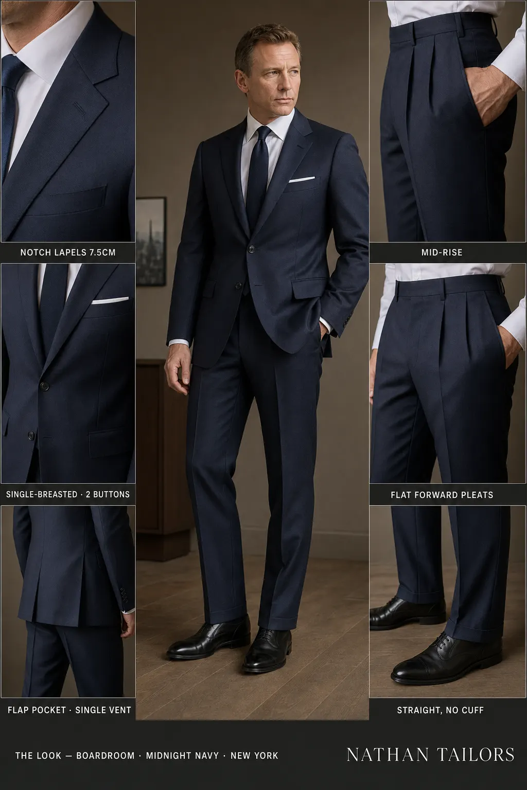 midnight navy single-breasted notch-lapel bespoke suit — AI-rendered by Nathan Tailors, the Hoi An custom tailor. Available as a custom tailored suit from $149.