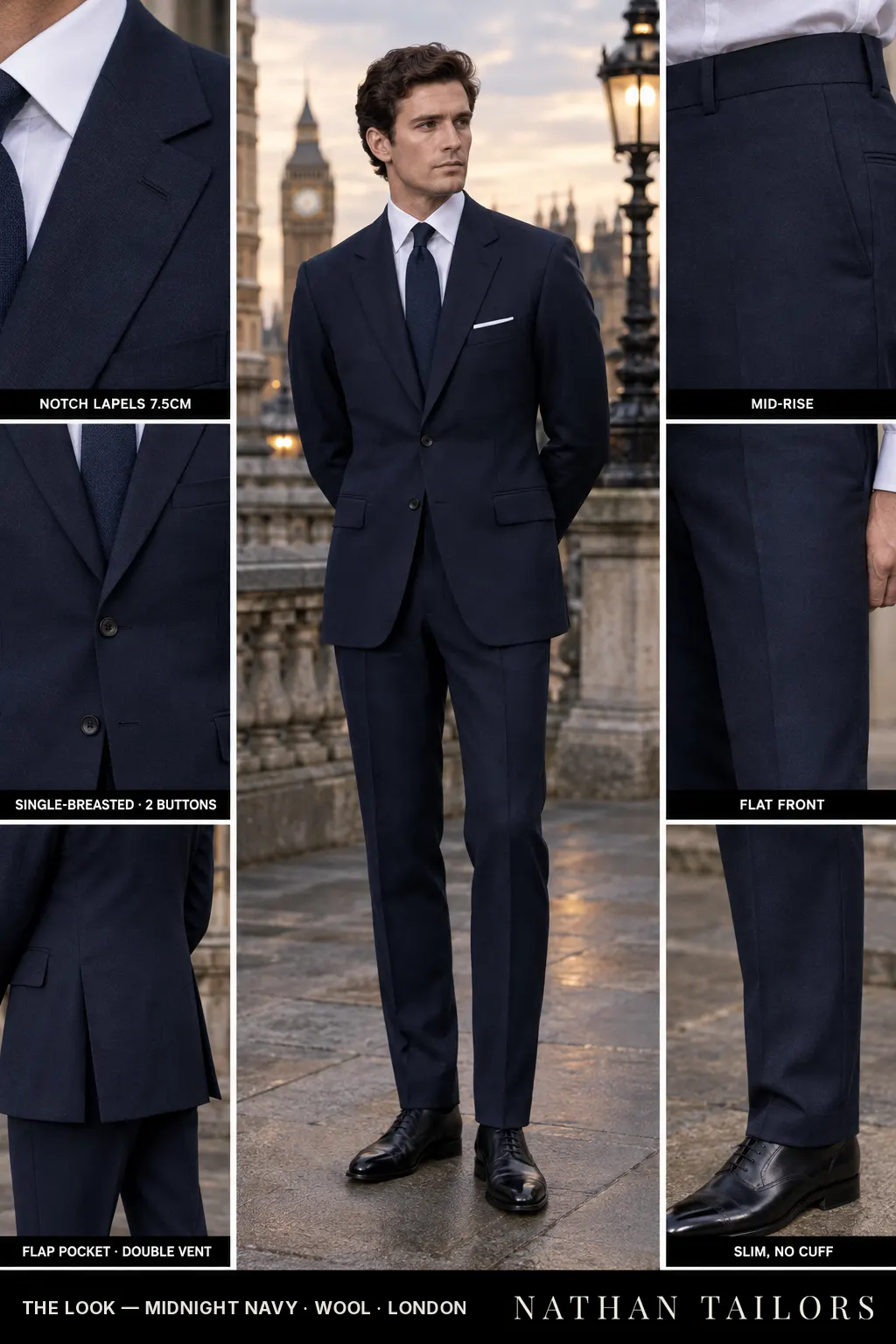 midnight navy single-breasted bespoke suit โ custom tailored by Nathan Tailors, the Hoi An custom tailor