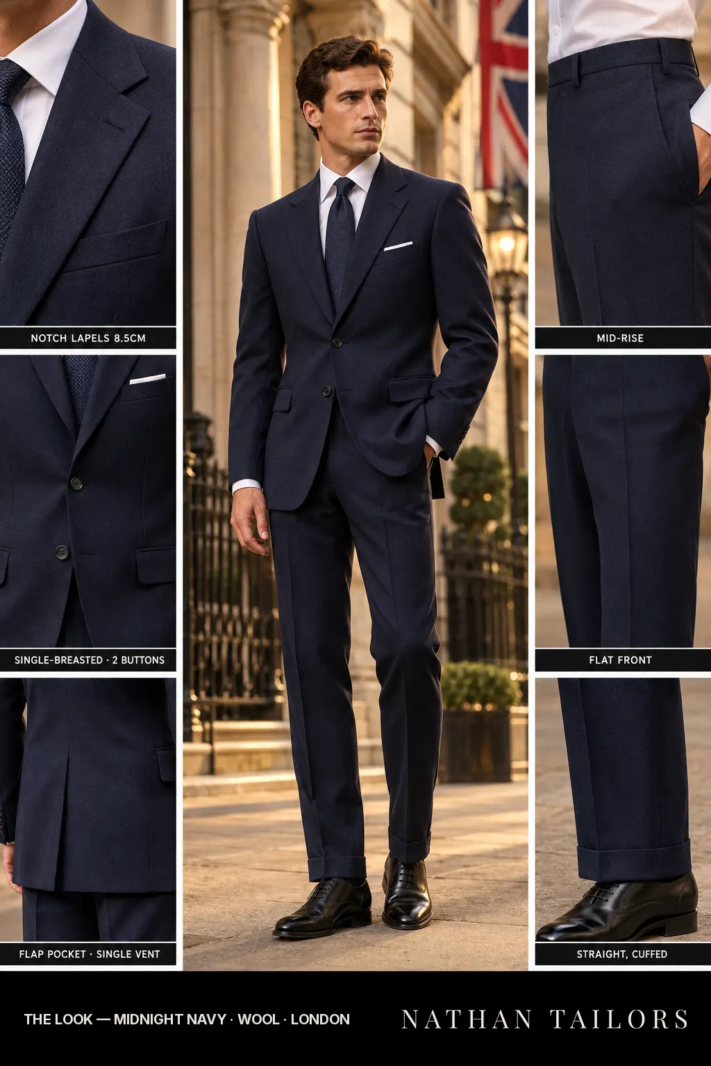 midnight navy single-breasted notch-lapel bespoke suit โ AI-rendered by Nathan Tailors, the Hoi An custom tailor. Available as a custom tailored suit from $149.