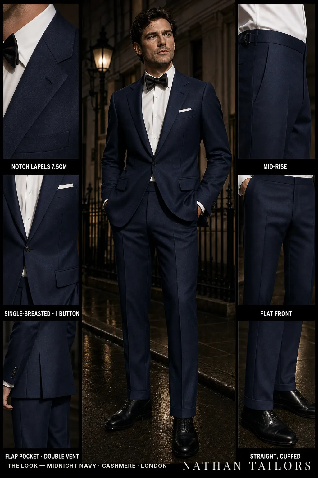 midnight navy single-breasted notch-lapel bespoke suit โ AI-rendered by Nathan Tailors, the Hoi An custom tailor. Available as a custom tailored suit from $149.