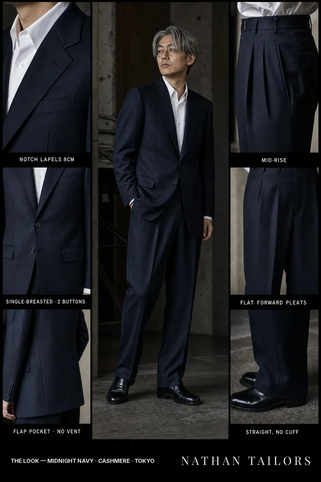 midnight navy single-breasted notch-lapel bespoke suit — AI-rendered by Nathan Tailors, the Hoi An custom tailor. Available as a custom tailored suit from $149.