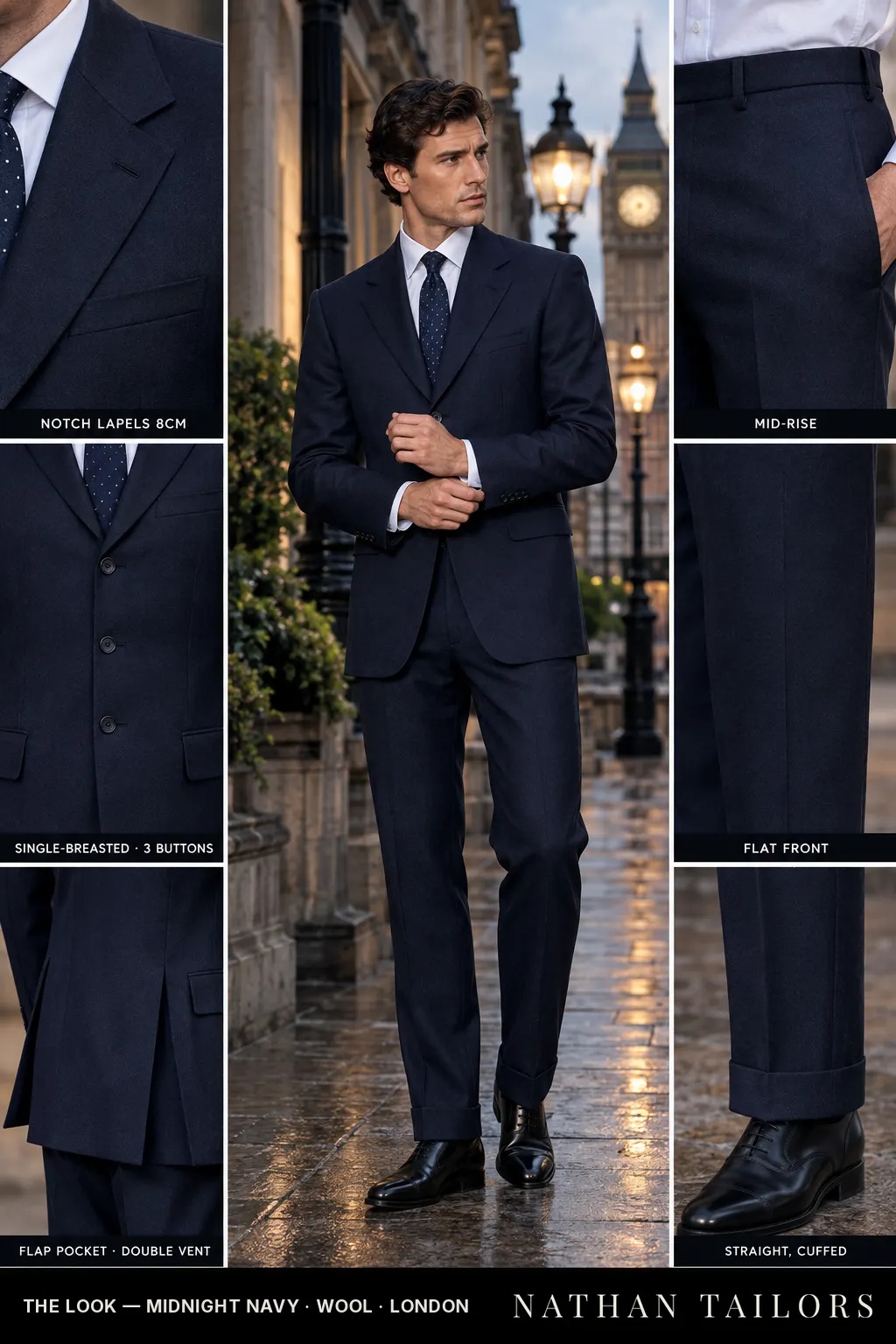 midnight navy single-breasted bespoke suit โ custom tailored by Nathan Tailors, the Hoi An custom tailor