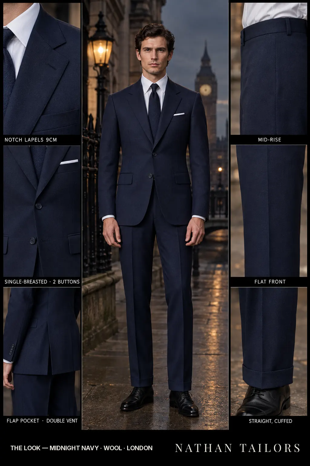 midnight navy single-breasted bespoke suit โ custom tailored by Nathan Tailors, the Hoi An custom tailor
