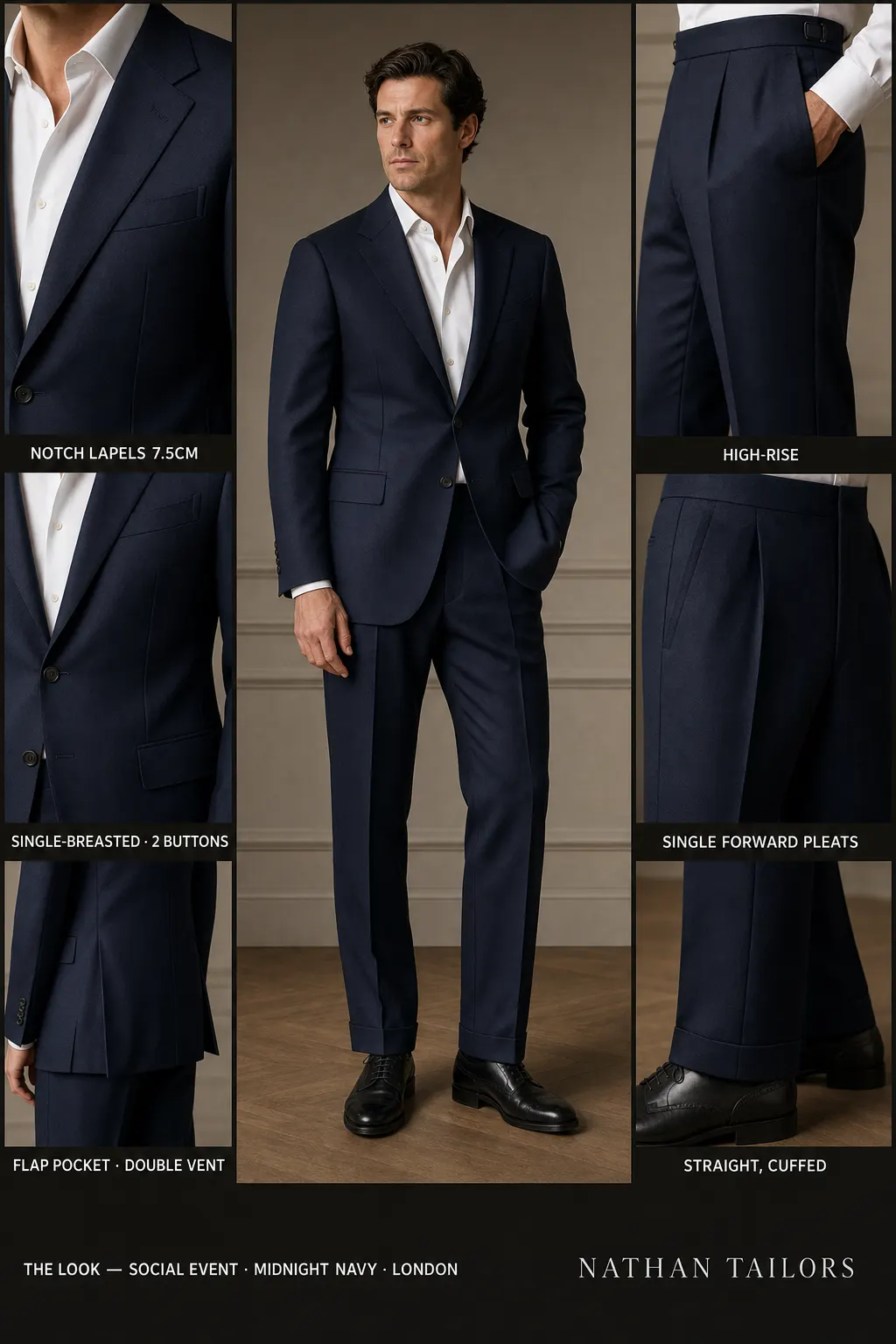 midnight navy single-breasted notch-lapel bespoke suit โ AI-rendered by Nathan Tailors, the Hoi An custom tailor. Available as a custom tailored suit from $149.