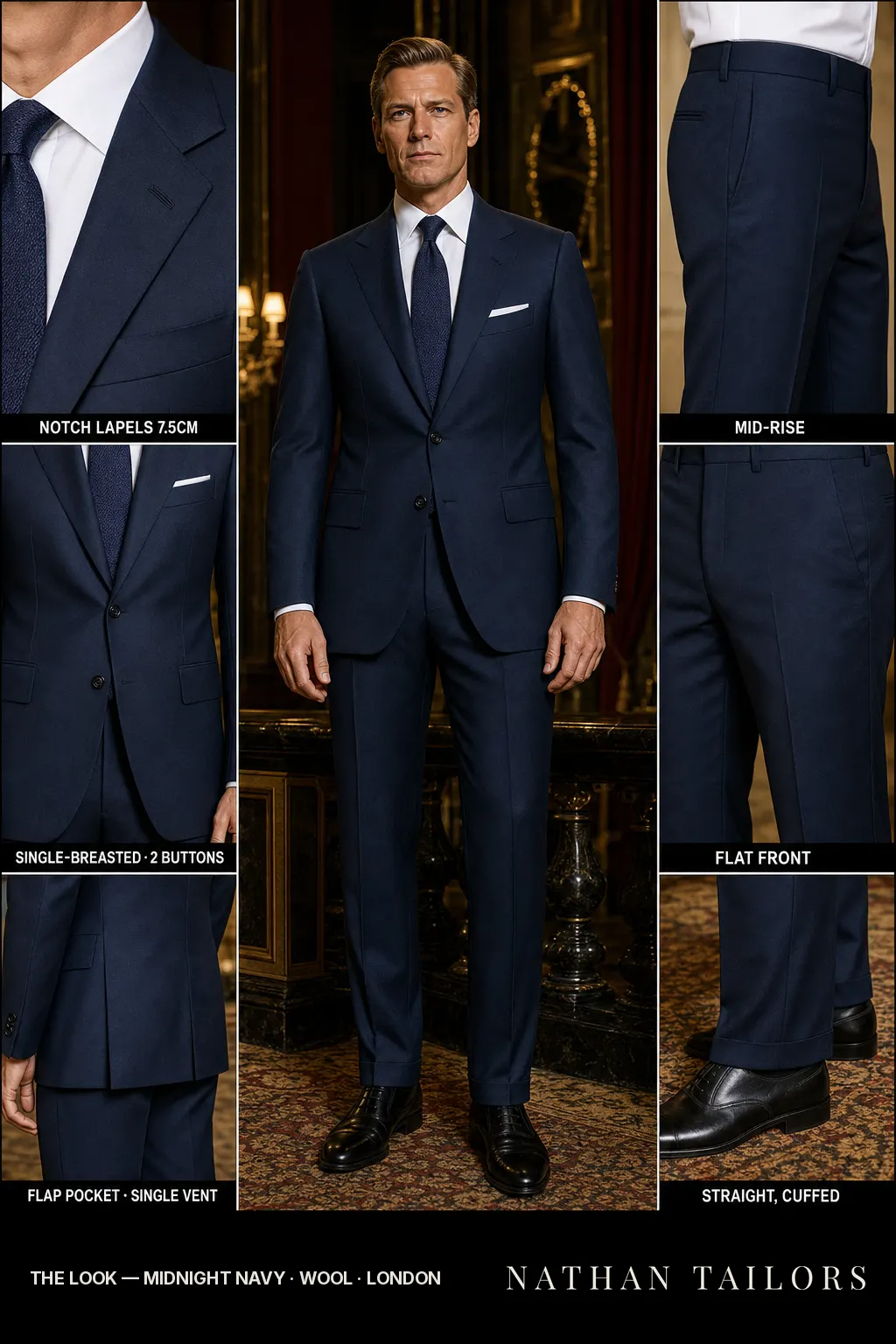 midnight navy single-breasted notch-lapel bespoke suit โ AI-rendered by Nathan Tailors, the Hoi An custom tailor. Available as a custom tailored suit from $149.