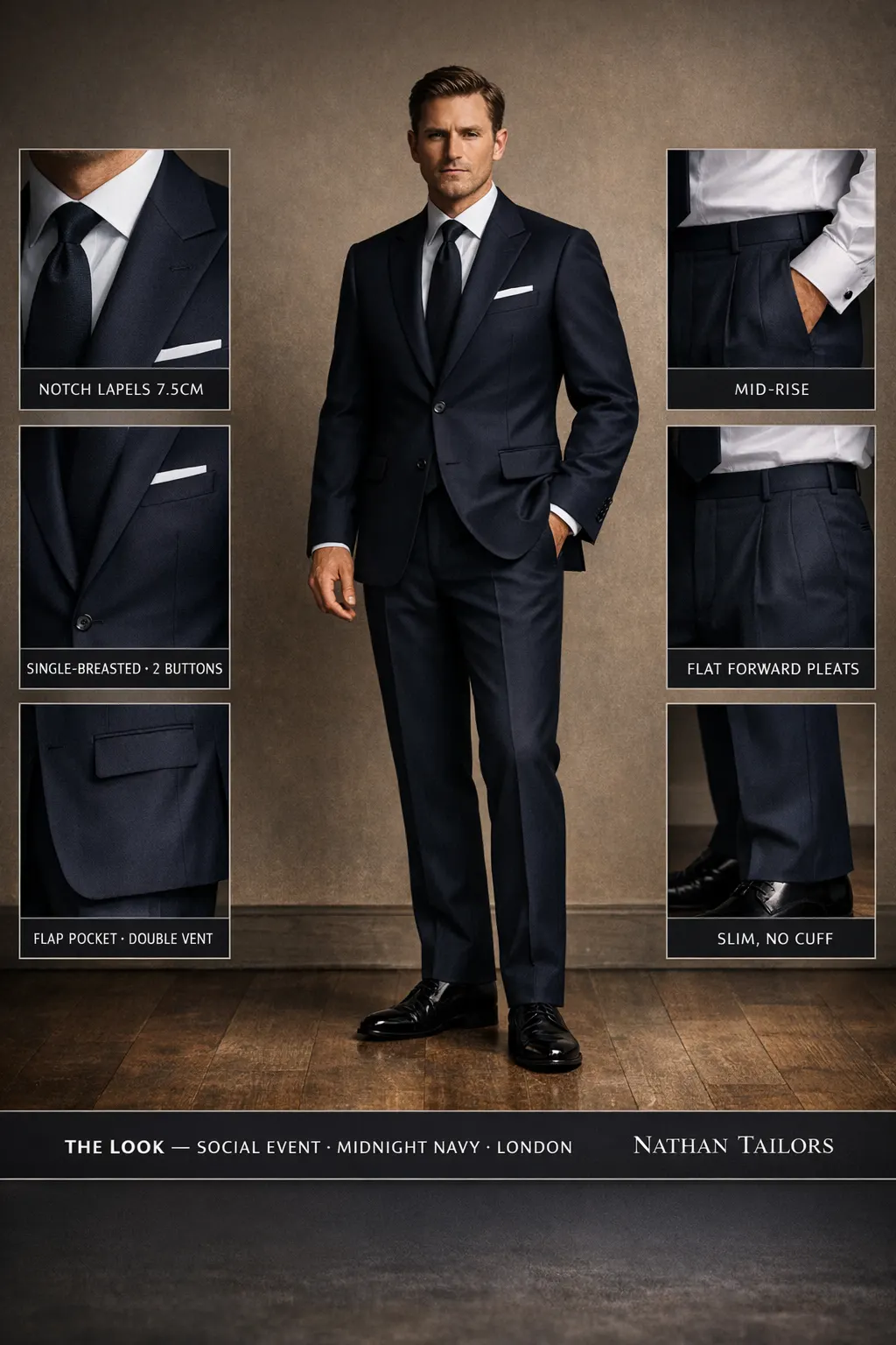 midnight navy single-breasted notch-lapel bespoke suit — AI-rendered by Nathan Tailors, the Hoi An custom tailor. Available as a custom tailored suit from $149.