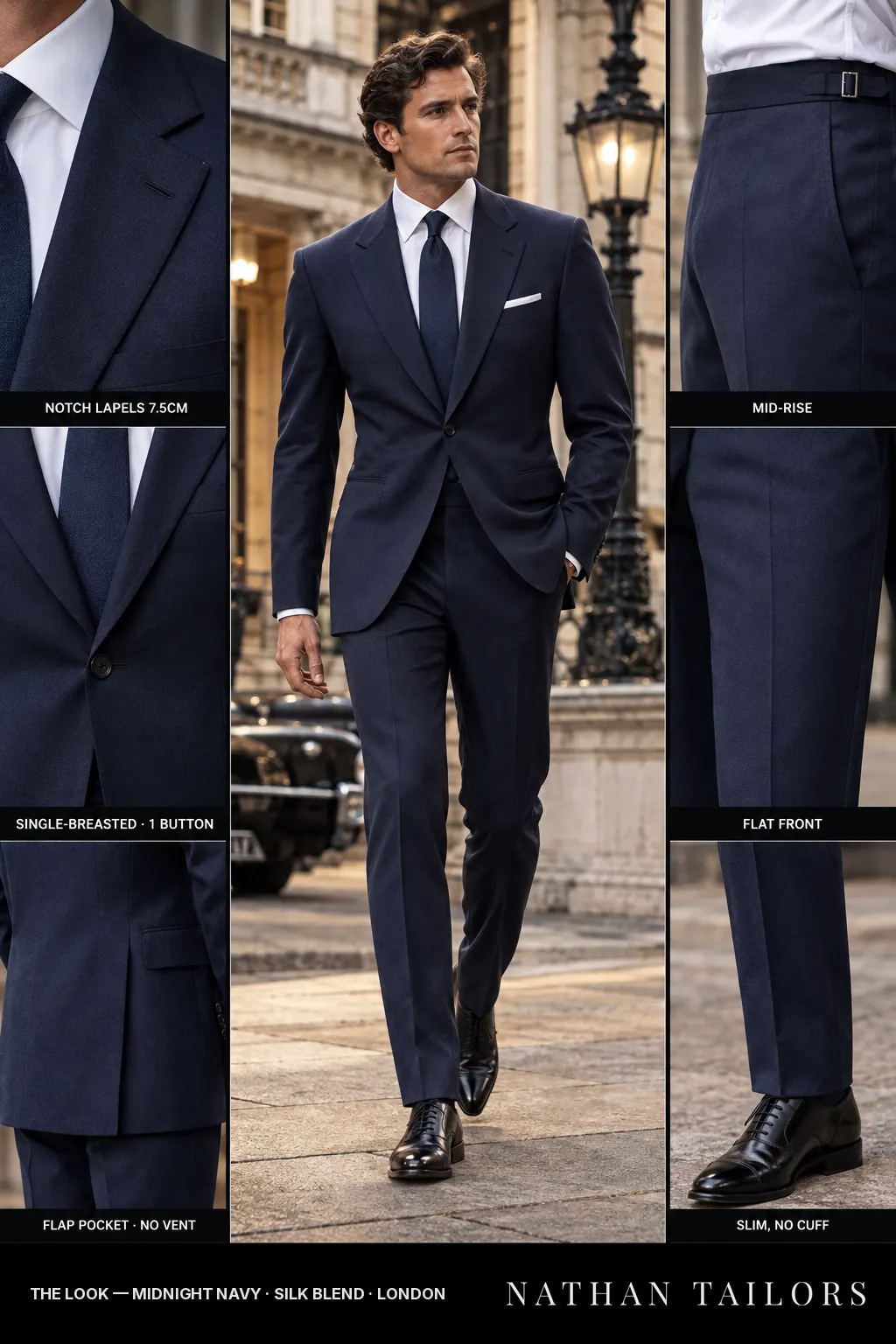 midnight navy single-breasted bespoke suit โ custom tailored by Nathan Tailors, the Hoi An custom tailor