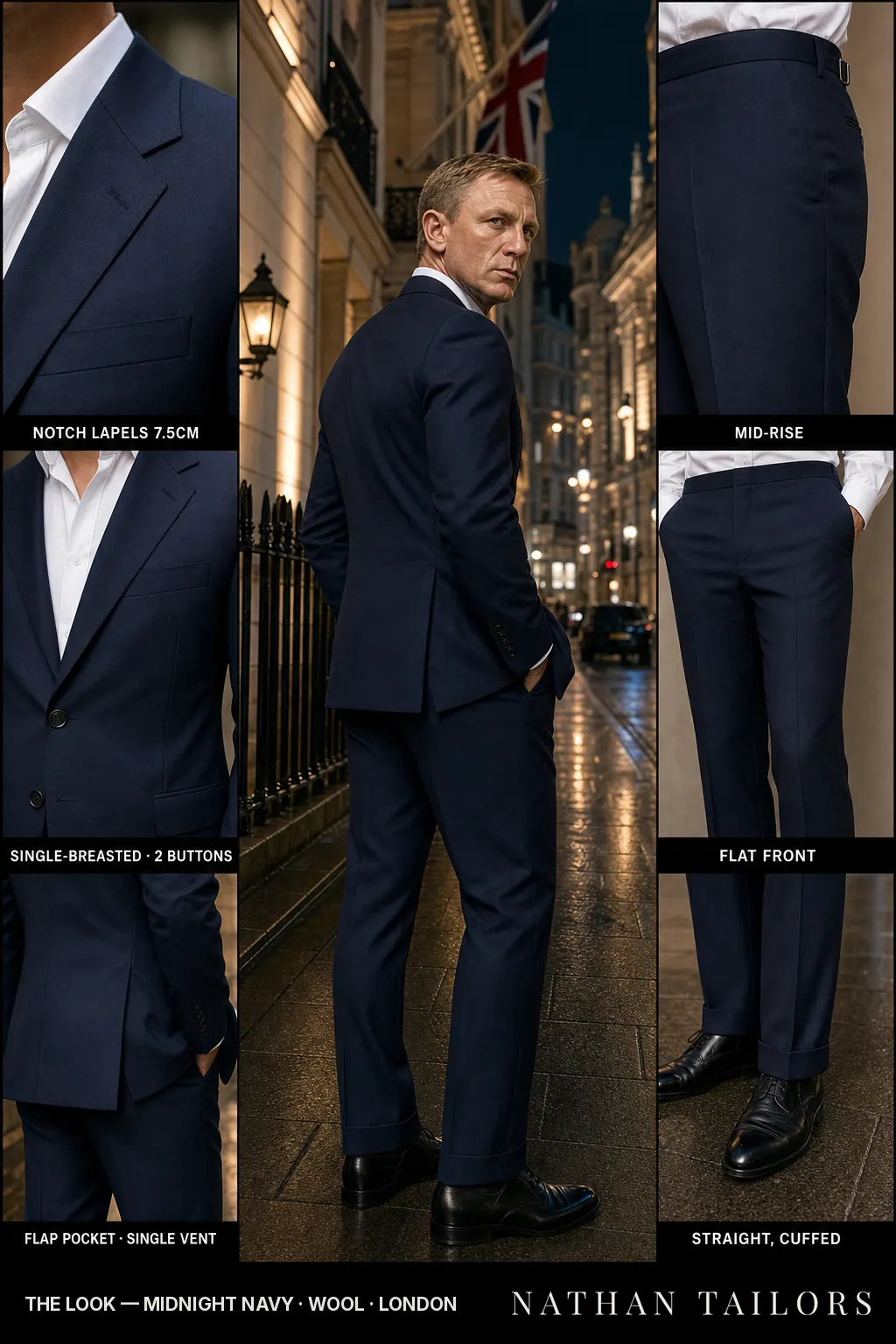 midnight navy single-breasted notch-lapel bespoke suit โ AI-rendered by Nathan Tailors, the Hoi An custom tailor. Available as a custom tailored suit from $149.