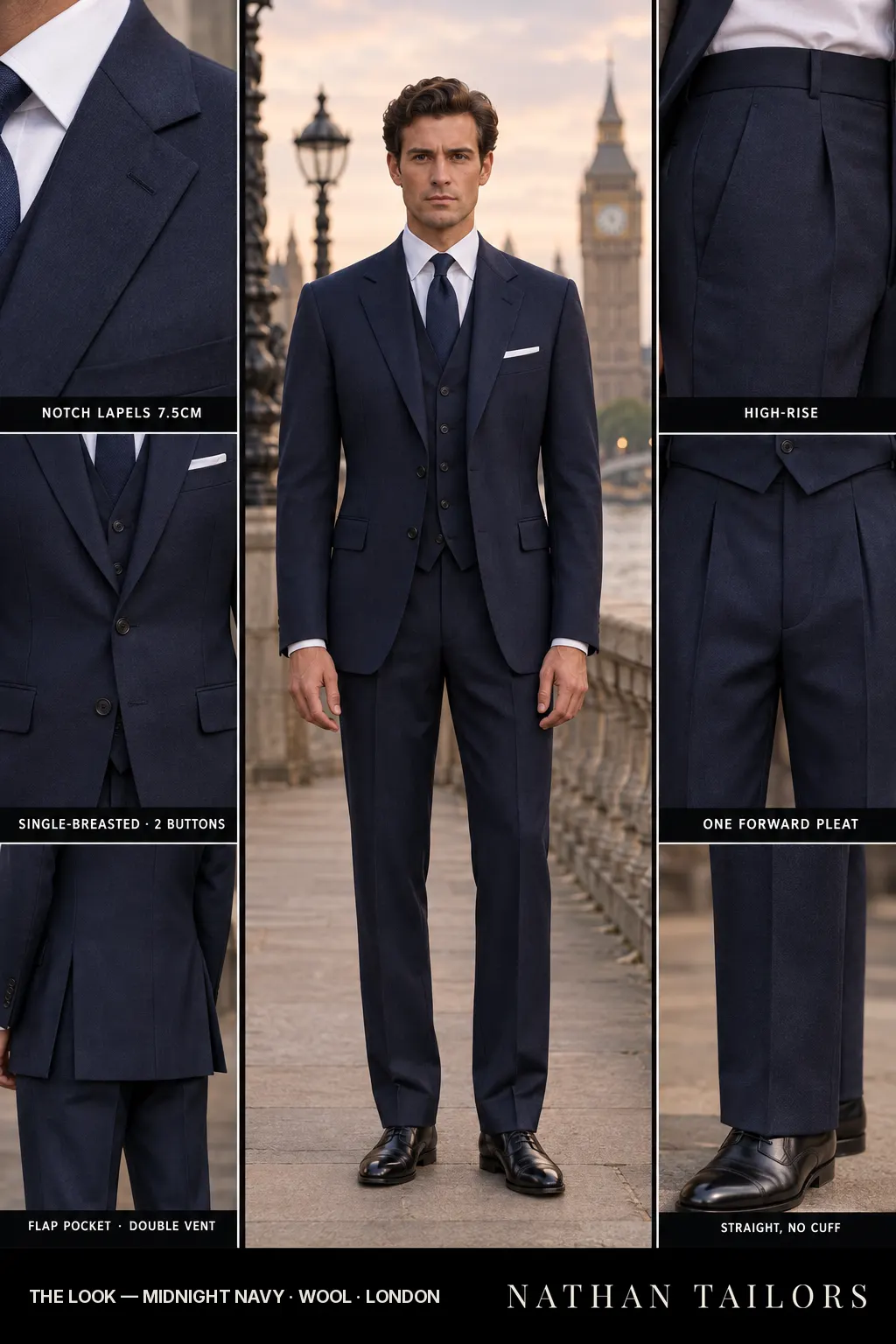 midnight navy single-breasted bespoke suit โ custom tailored by Nathan Tailors, the Hoi An custom tailor