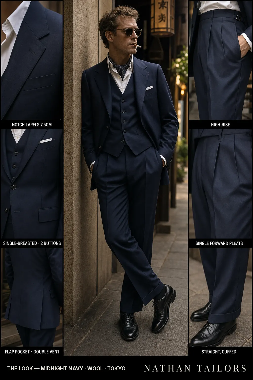 midnight navy single-breasted notch-lapel bespoke suit — AI-rendered by Nathan Tailors, the Hoi An custom tailor. Available as a custom tailored suit from $149.