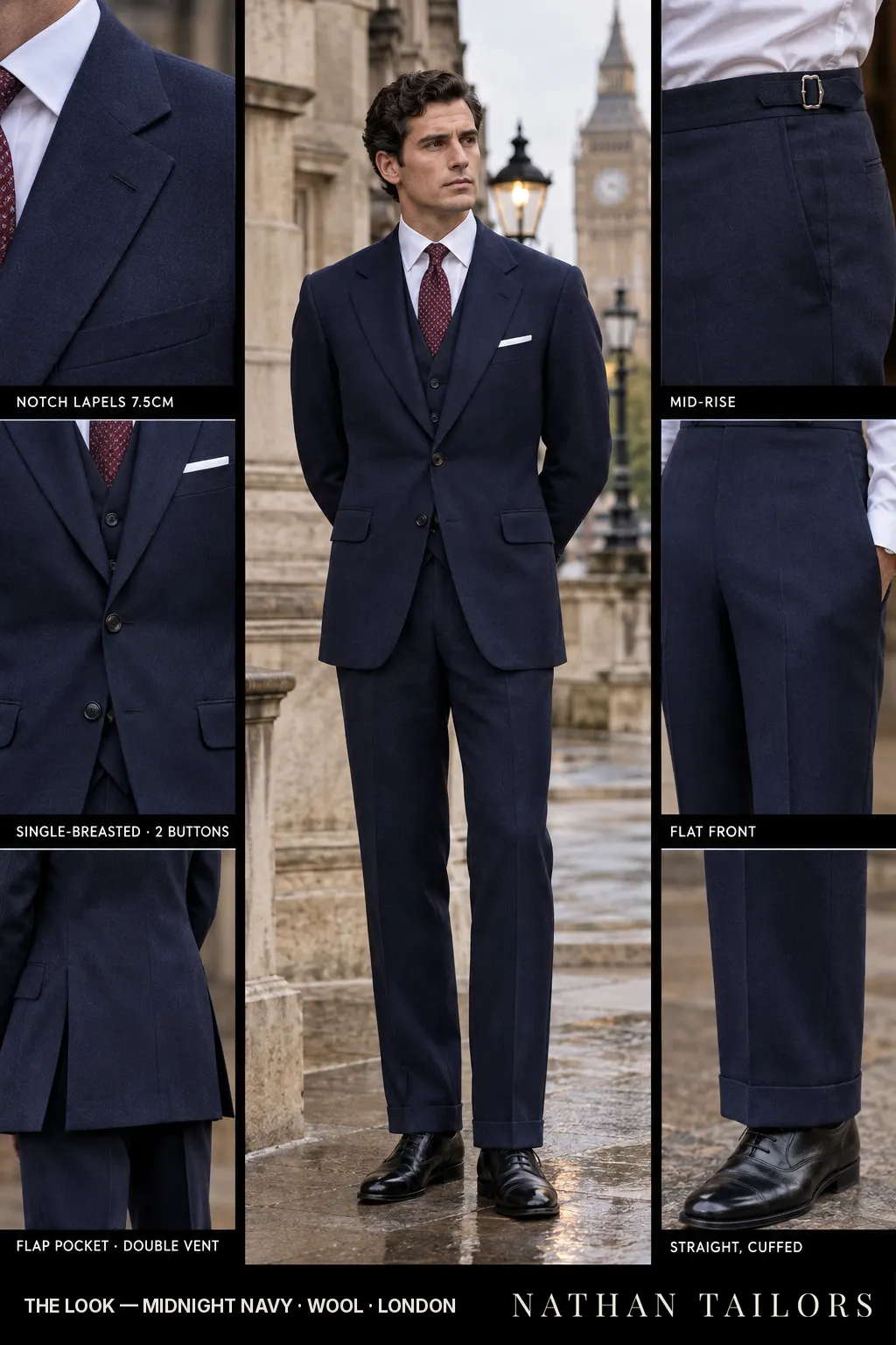 midnight navy single-breasted bespoke suit โ custom tailored by Nathan Tailors, the Hoi An custom tailor