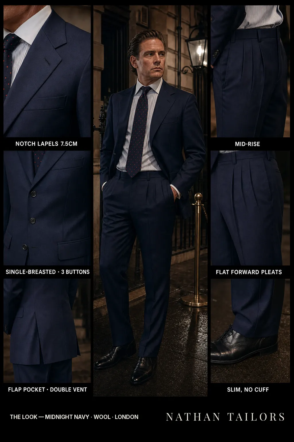 midnight navy single-breasted notch-lapel bespoke suit — AI-rendered by Nathan Tailors, the Hoi An custom tailor. Available as a custom tailored suit from $149.