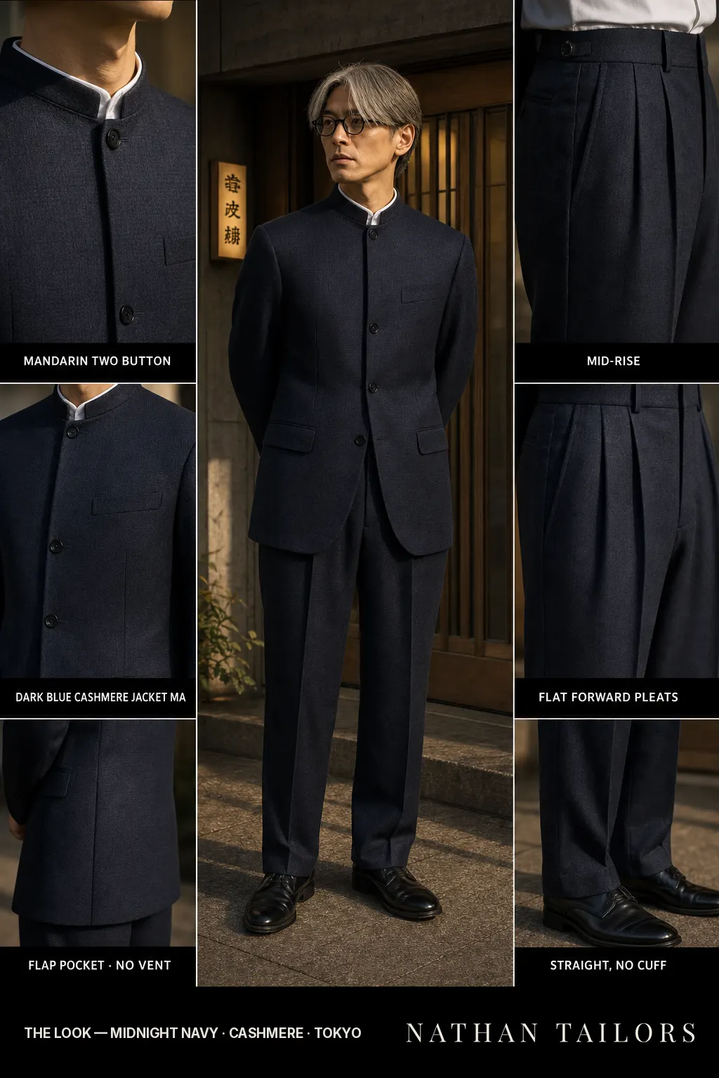 midnight navy single-breasted notch-lapel bespoke suit — AI-rendered by Nathan Tailors, the Hoi An custom tailor. Available as a custom tailored suit from $149.