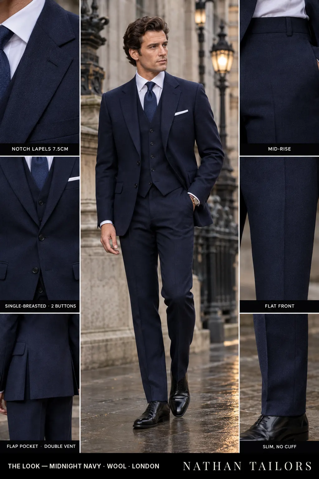 midnight navy single-breasted bespoke suit โ custom tailored by Nathan Tailors, the Hoi An custom tailor