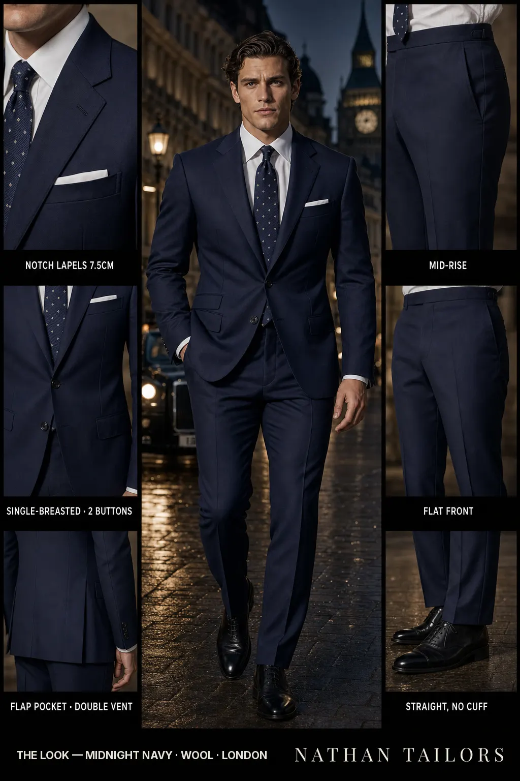 midnight navy single-breasted notch-lapel bespoke suit โ AI-rendered by Nathan Tailors, the Hoi An custom tailor. Available as a custom tailored suit from $149.