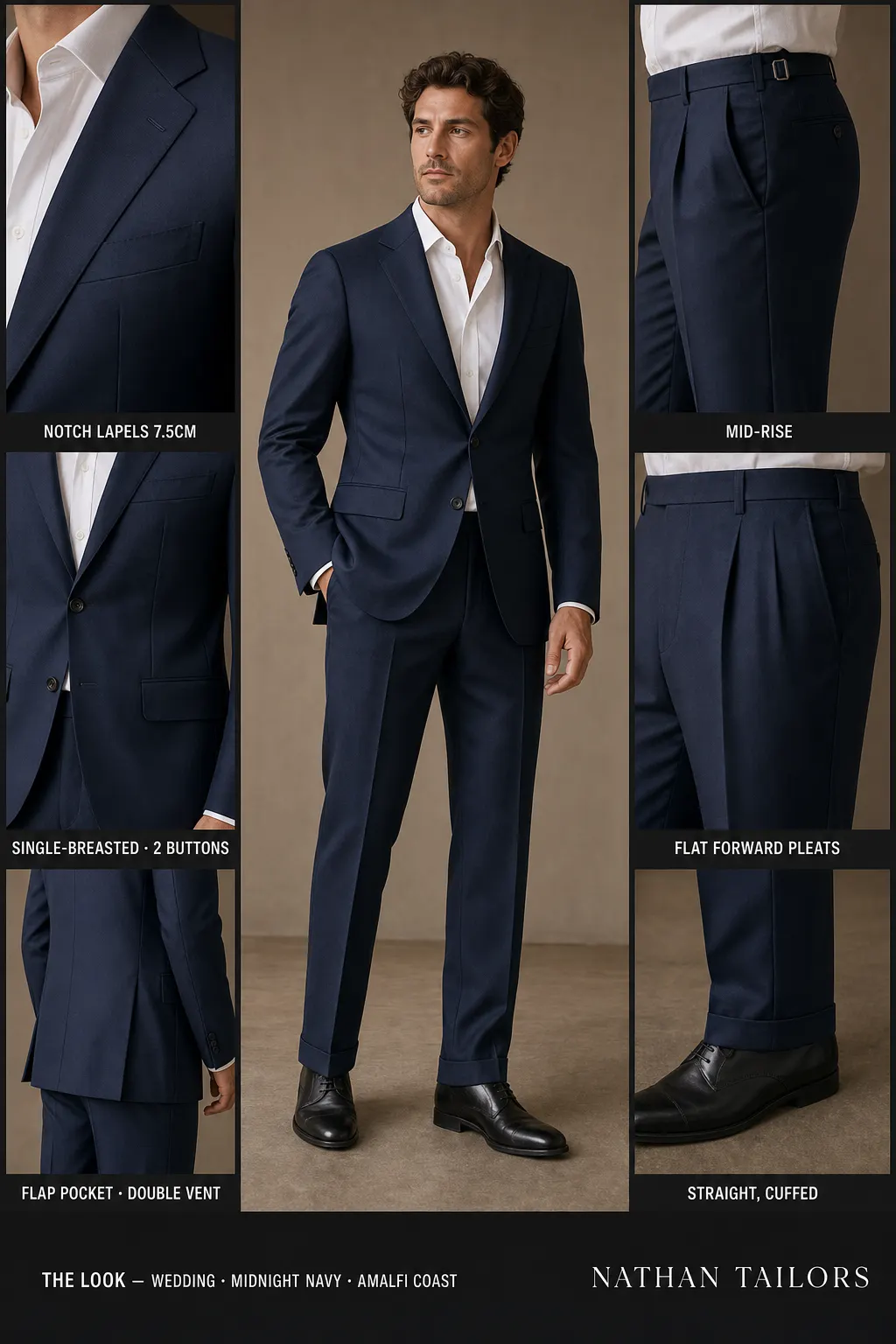 midnight navy single-breasted notch-lapel bespoke suit โ AI-rendered by Nathan Tailors, the Hoi An custom tailor. Available as a custom tailored suit from $149.