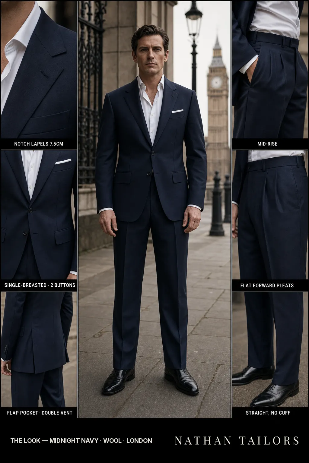 midnight navy single-breasted notch-lapel bespoke suit — AI-rendered by Nathan Tailors, the Hoi An custom tailor. Available as a custom tailored suit from $149.