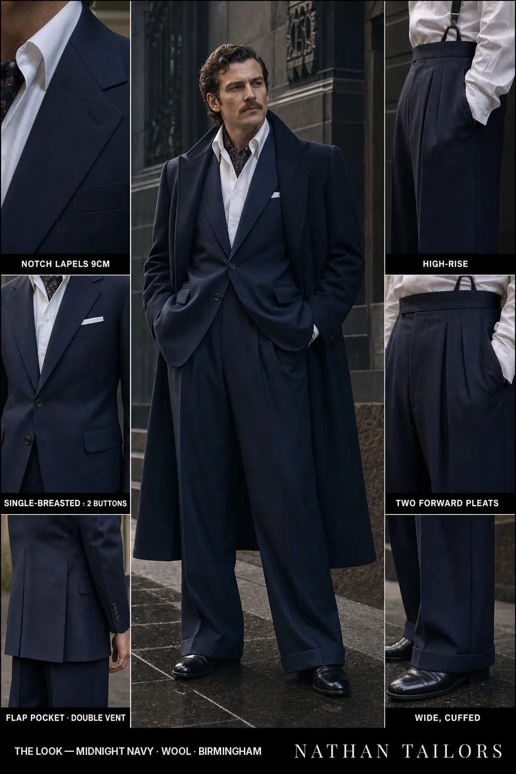 midnight navy single-breasted notch-lapel bespoke suit โ AI-rendered by Nathan Tailors, the Hoi An custom tailor. Available as a custom tailored suit from $149.