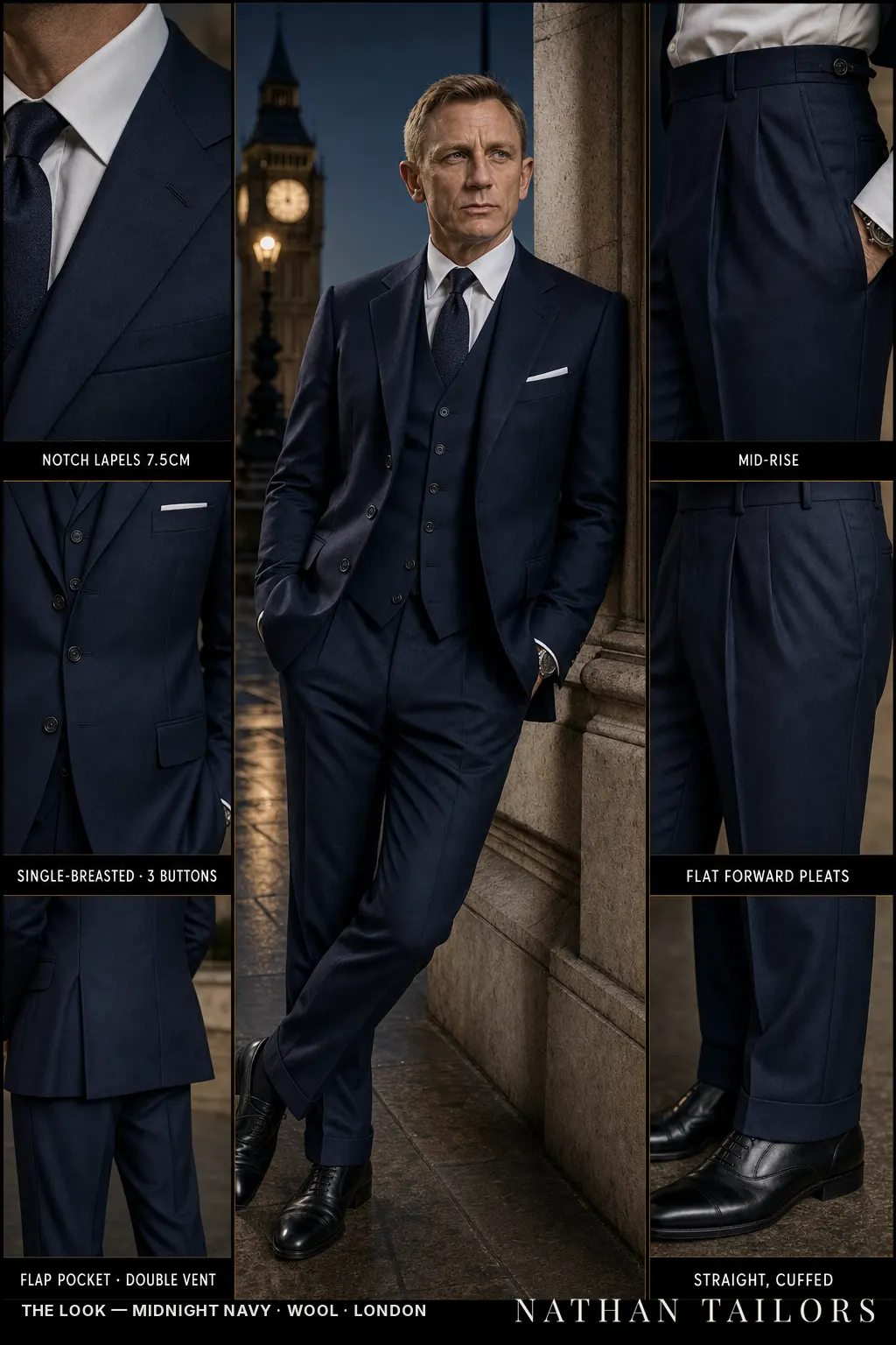 midnight navy single-breasted notch-lapel bespoke suit — AI-rendered by Nathan Tailors, the Hoi An custom tailor. Available as a custom tailored suit from $149.