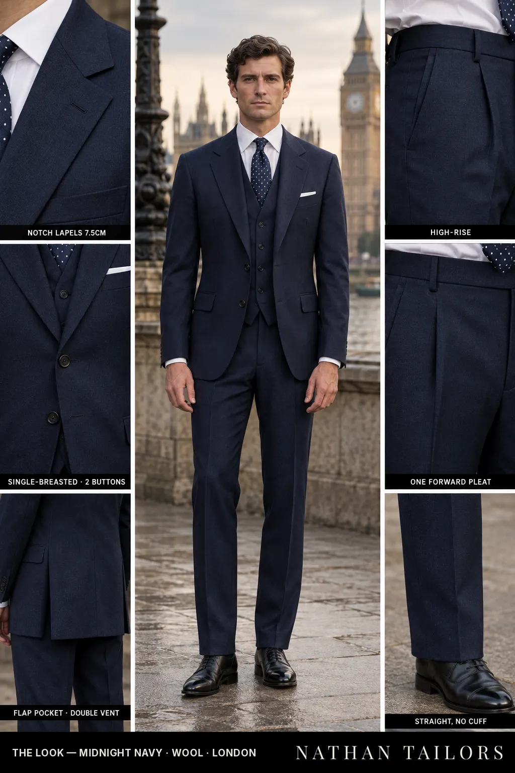 midnight navy single-breasted bespoke suit โ custom tailored by Nathan Tailors, the Hoi An custom tailor