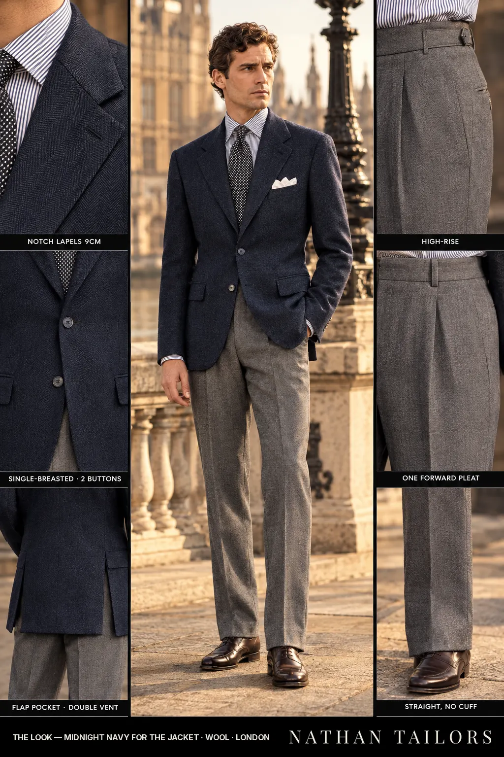 Midnight navy for the jacket, single-breasted notch-lapel bespoke suit โ AI-rendered by Nathan Tailors, the Hoi An custom tailor. Available as a custom tailored suit from $149.