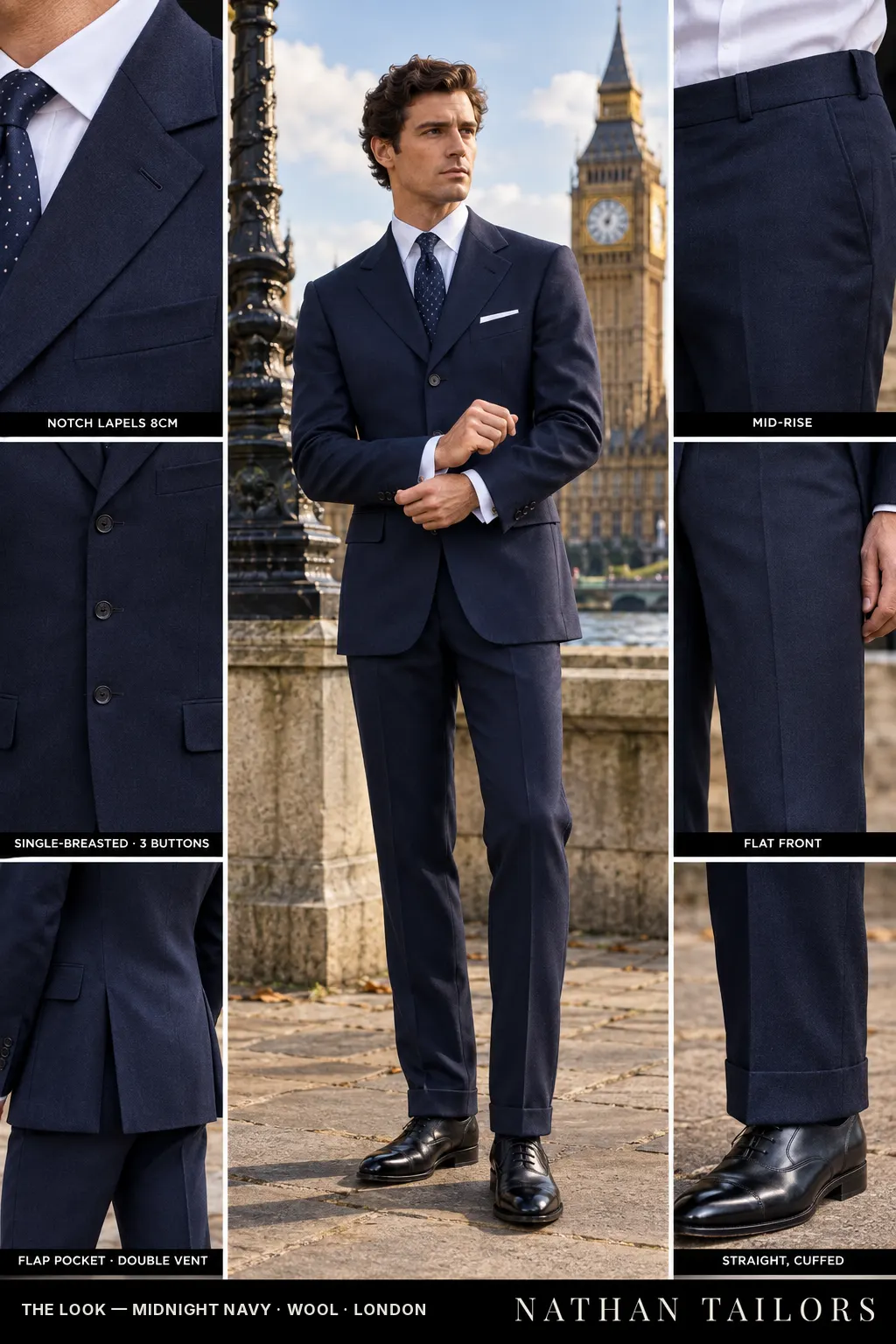 midnight navy single-breasted bespoke suit โ custom tailored by Nathan Tailors, the Hoi An custom tailor