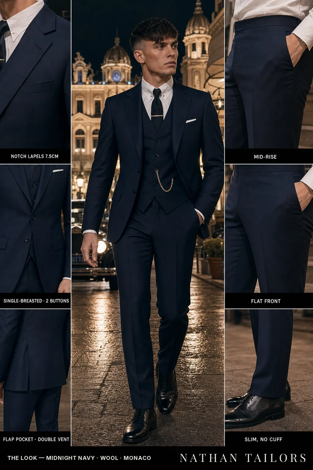 midnight navy single-breasted notch-lapel bespoke suit โ AI-rendered by Nathan Tailors, the Hoi An custom tailor. Available as a custom tailored suit from $149.