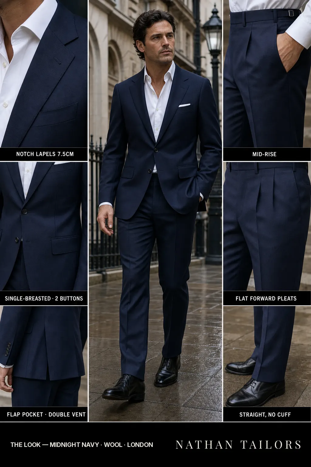 midnight navy single-breasted notch-lapel bespoke suit — AI-rendered by Nathan Tailors, the Hoi An custom tailor. Available as a custom tailored suit from $149.