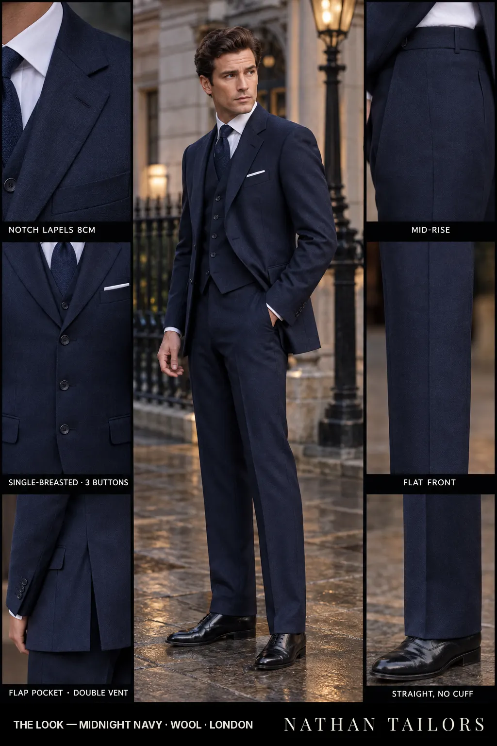 midnight navy single-breasted bespoke suit โ custom tailored by Nathan Tailors, the Hoi An custom tailor