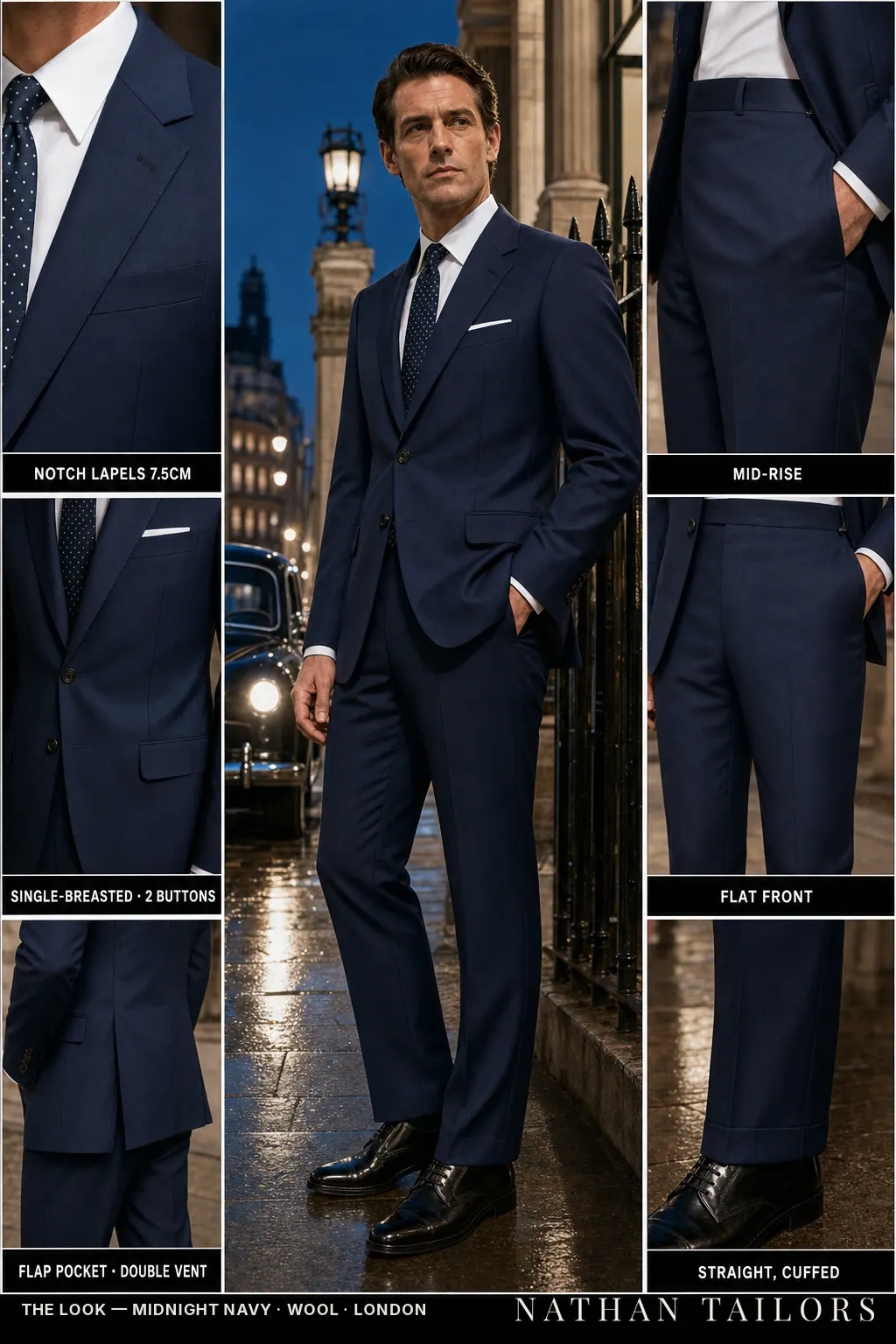 midnight navy single-breasted notch-lapel bespoke suit — AI-rendered by Nathan Tailors, the Hoi An custom tailor. Available as a custom tailored suit from $149.