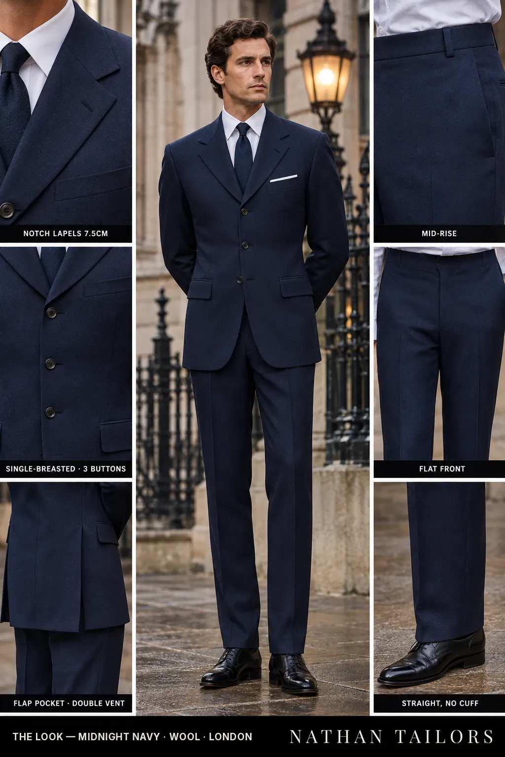 midnight navy single-breasted notch-lapel bespoke suit — AI-rendered by Nathan Tailors, the Hoi An custom tailor. Available as a custom tailored suit from $169.