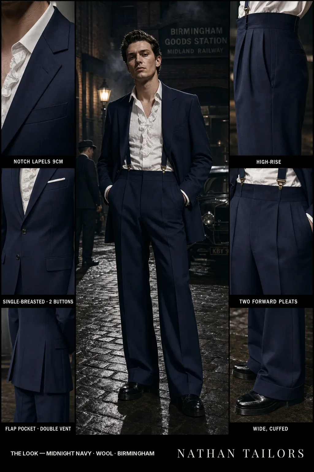 midnight navy single-breasted notch-lapel bespoke suit — AI-rendered by Nathan Tailors, the Hoi An custom tailor. Available as a custom tailored suit from $149.