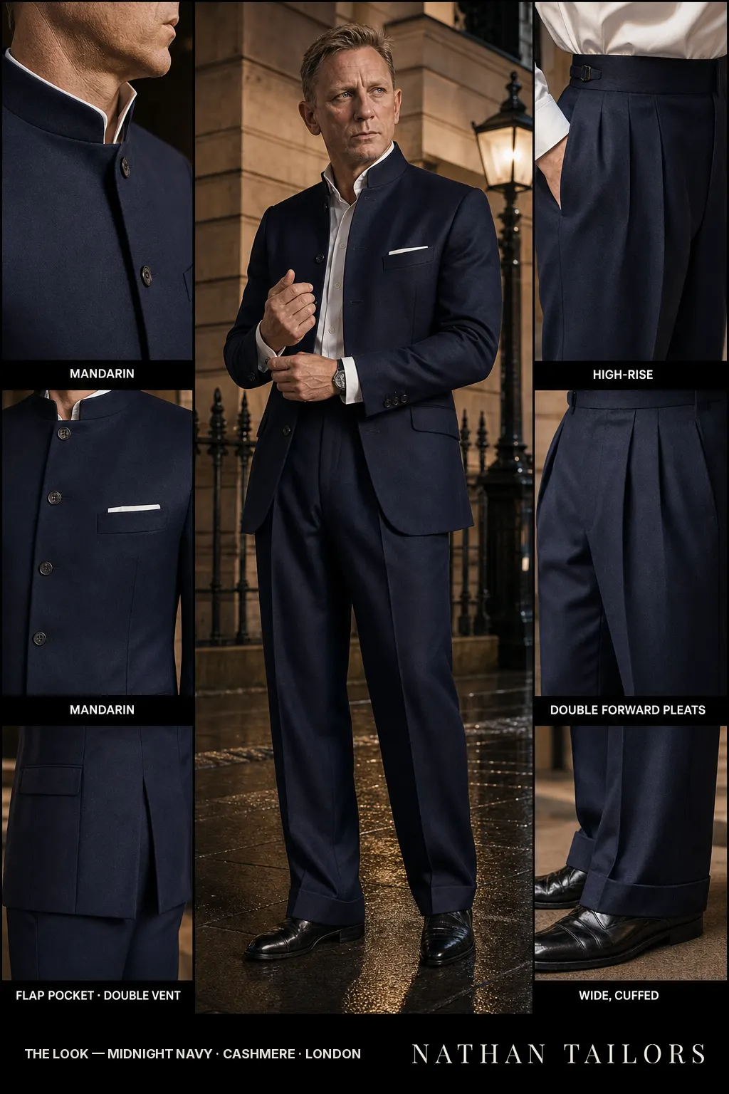 midnight navy single-breasted notch-lapel bespoke suit — AI-rendered by Nathan Tailors, the Hoi An custom tailor. Available as a custom tailored suit from $149.