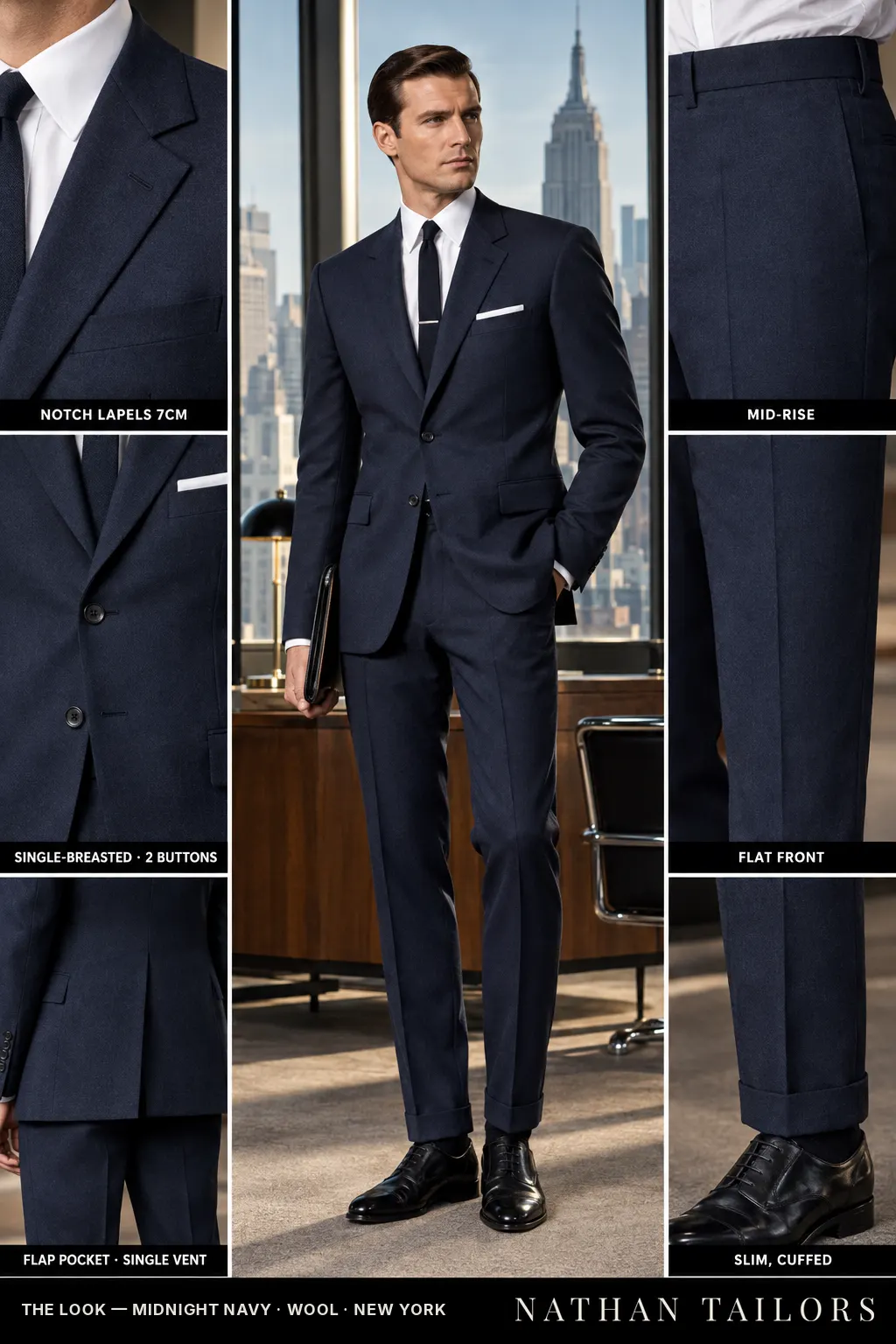 midnight navy single-breasted notch-lapel bespoke suit — AI-rendered by Nathan Tailors, the Hoi An custom tailor. Available as a custom tailored suit from $169.