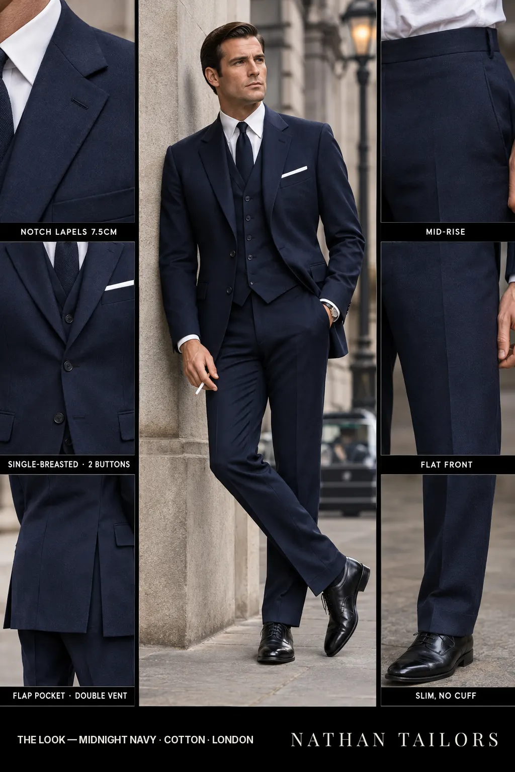 midnight navy single-breasted bespoke suit โ custom tailored by Nathan Tailors, the Hoi An custom tailor