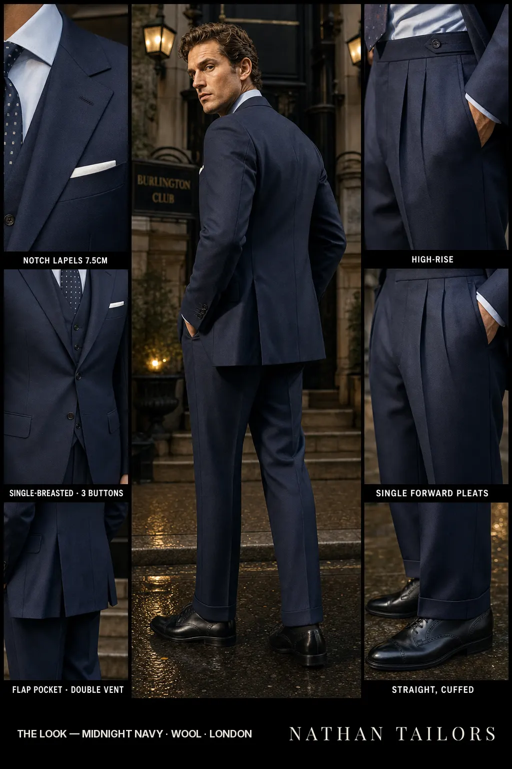 midnight navy single-breasted notch-lapel bespoke suit — AI-rendered by Nathan Tailors, the Hoi An custom tailor. Available as a custom tailored suit from $149.
