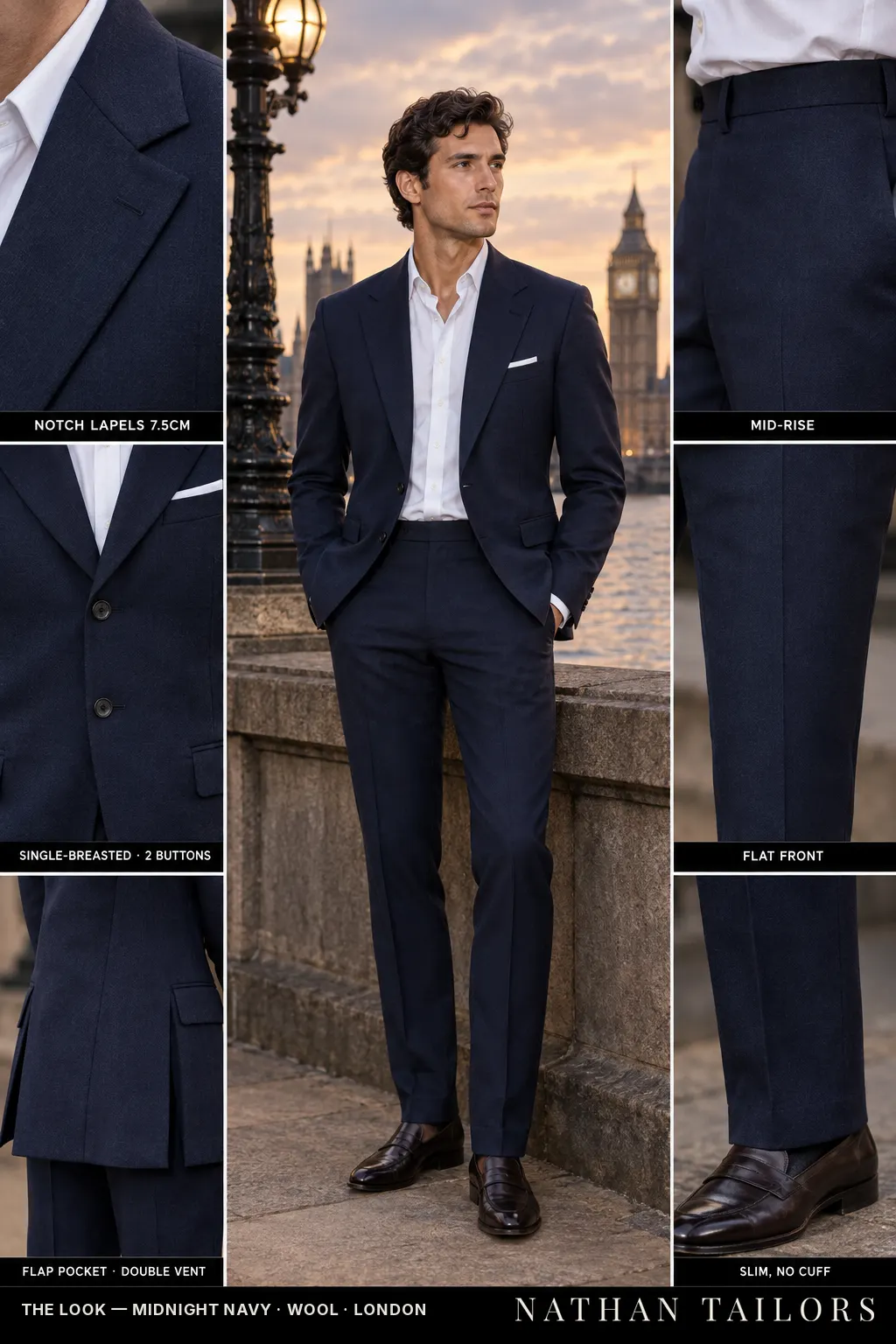 midnight navy single-breasted notch-lapel bespoke suit โ AI-rendered by Nathan Tailors, the Hoi An custom tailor. Available as a custom tailored suit from $149.