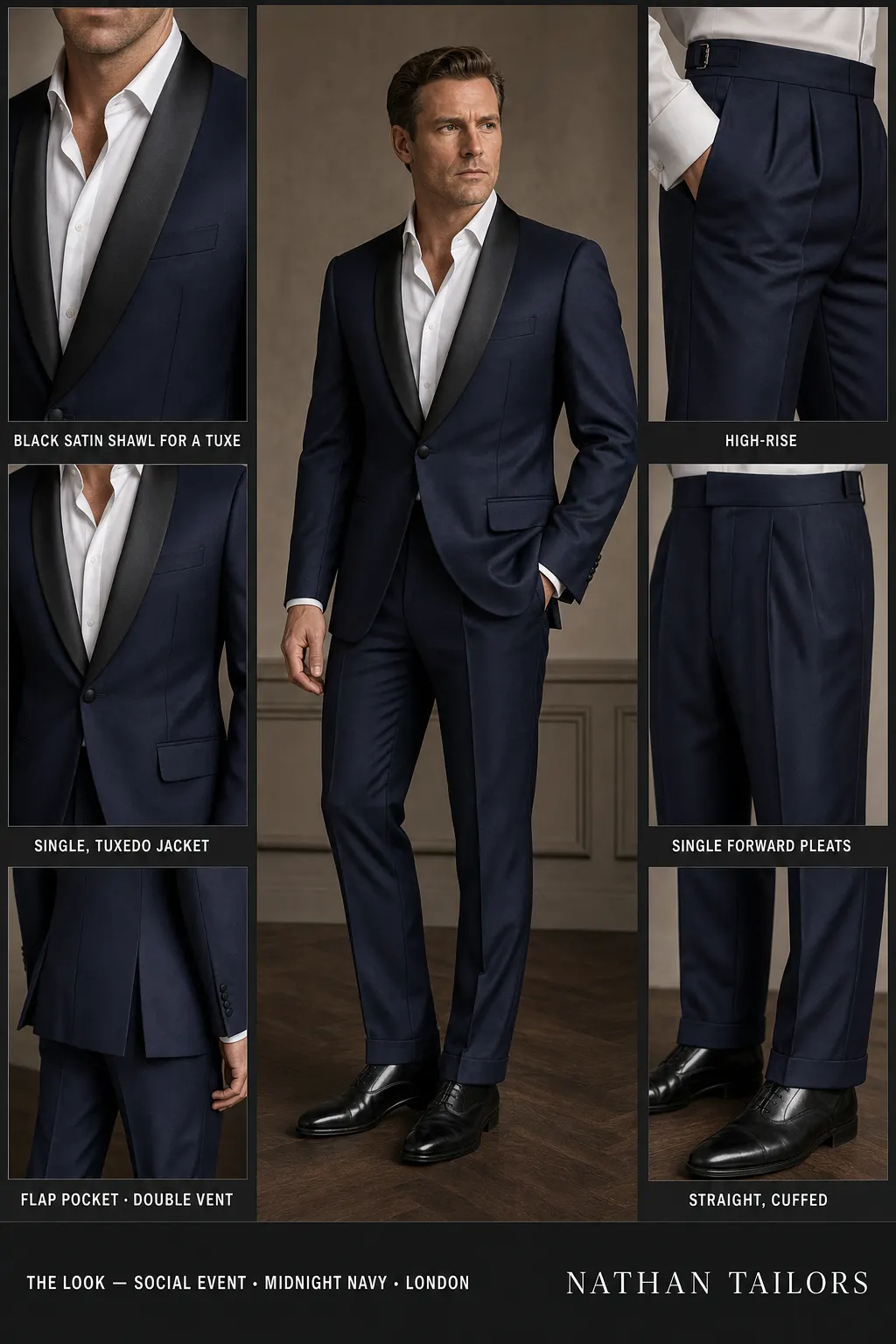 midnight navy single-breasted notch-lapel bespoke suit โ AI-rendered by Nathan Tailors, the Hoi An custom tailor. Available as a custom tailored suit from $149.