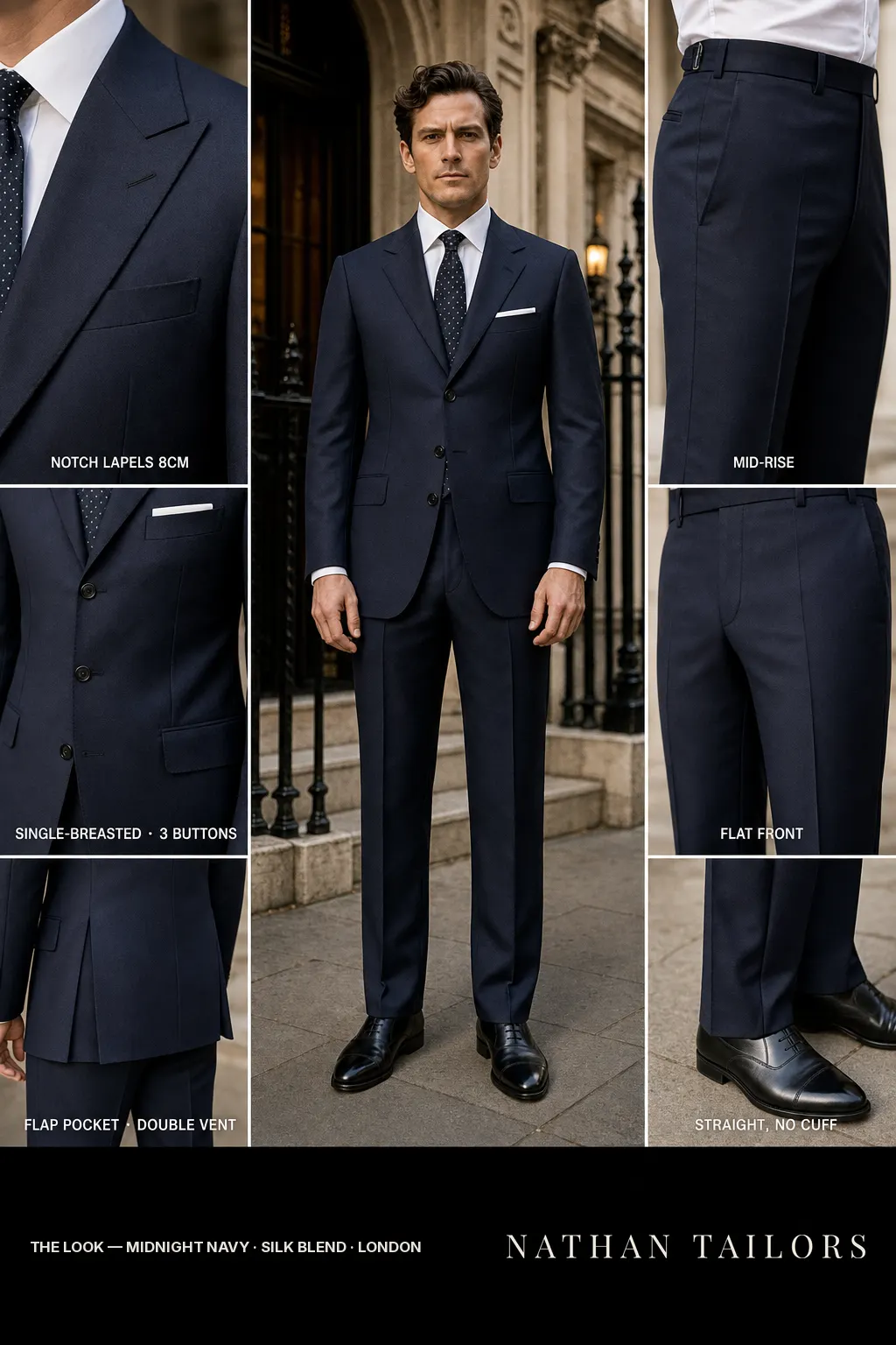midnight navy single-breasted notch-lapel bespoke suit — AI-rendered by Nathan Tailors, the Hoi An custom tailor. Available as a custom tailored suit from $149.