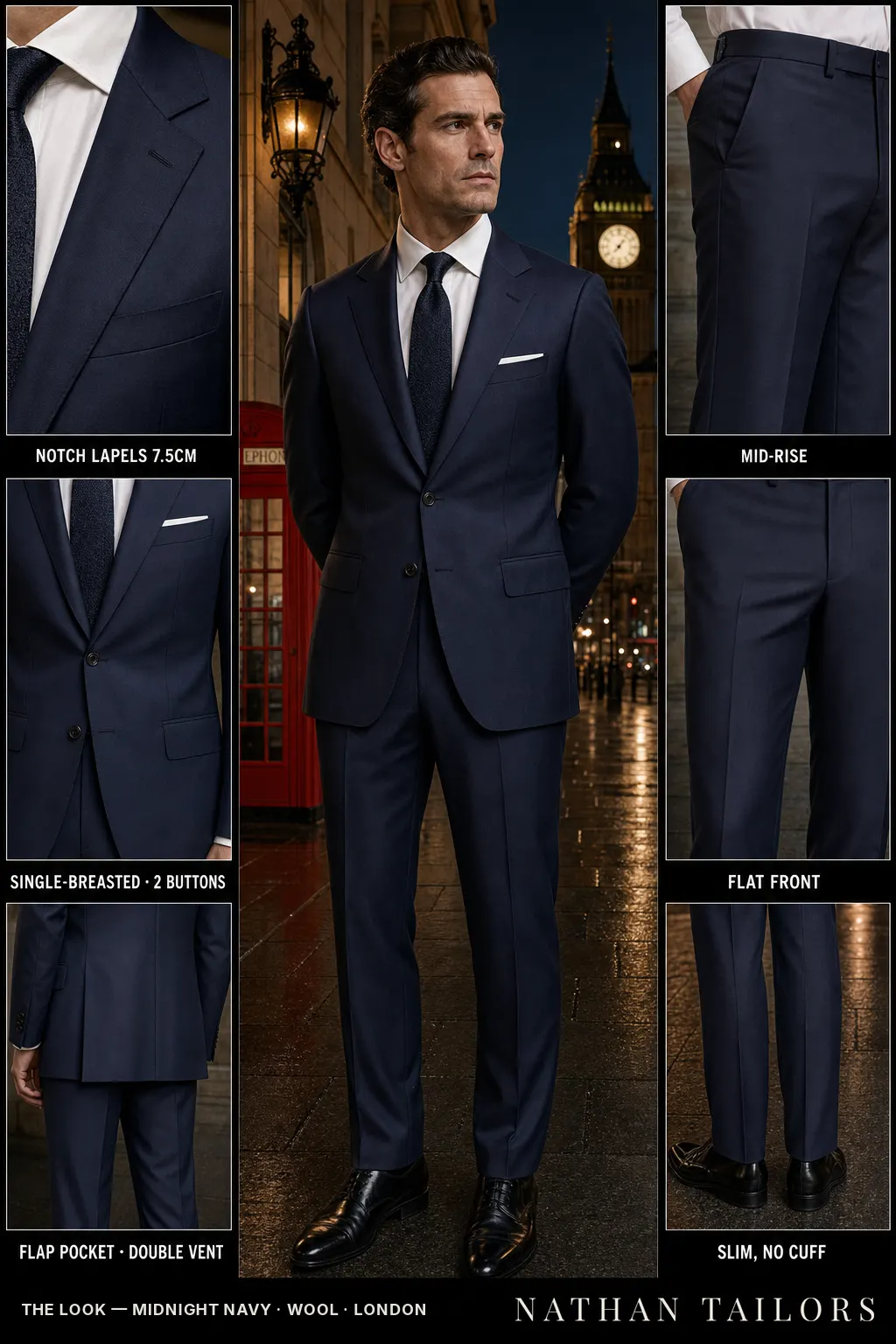 midnight navy single-breasted notch-lapel bespoke suit — AI-rendered by Nathan Tailors, the Hoi An custom tailor. Available as a custom tailored suit from $149.