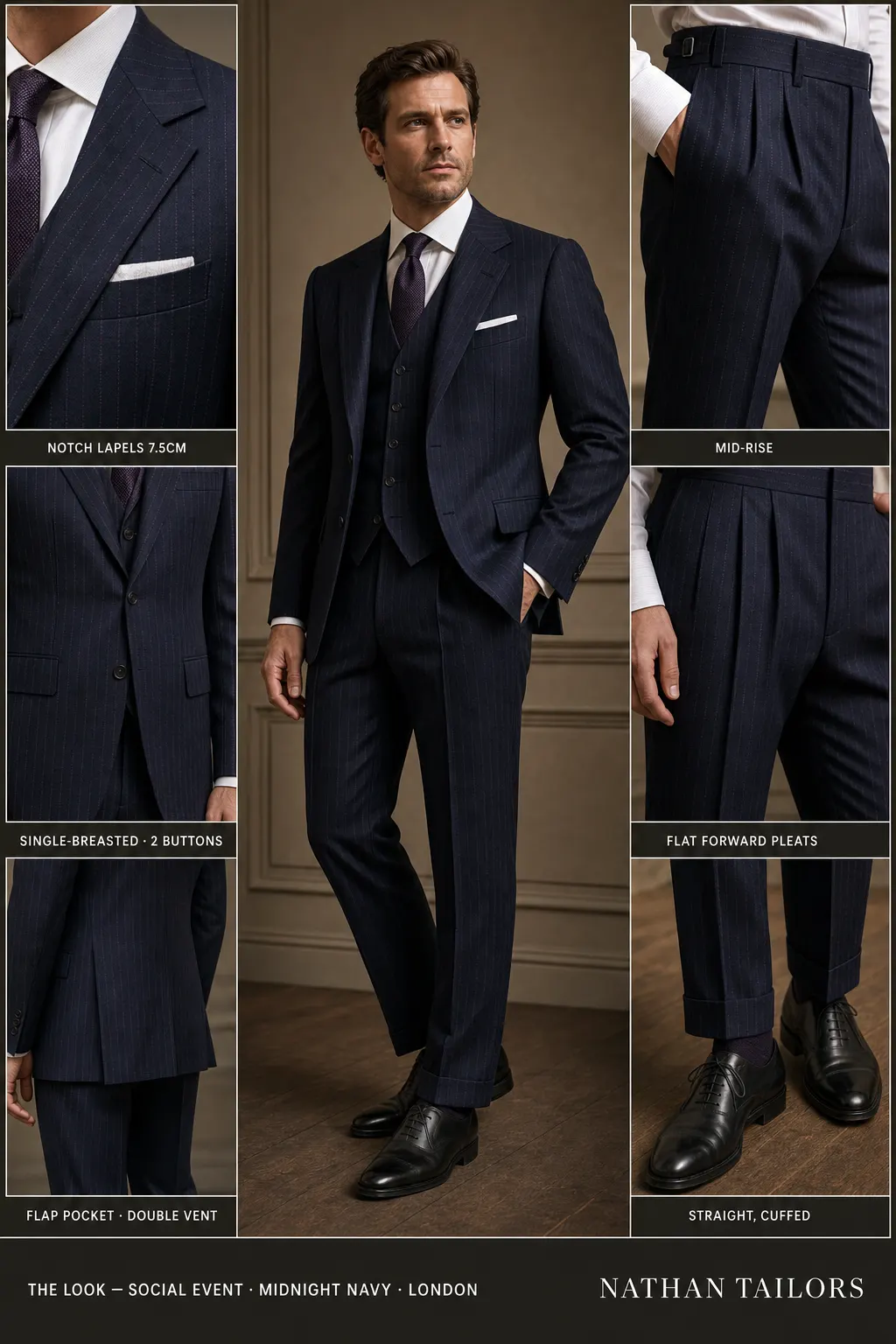 midnight navy single-breasted notch-lapel bespoke suit โ AI-rendered by Nathan Tailors, the Hoi An custom tailor. Available as a custom tailored suit from $149.