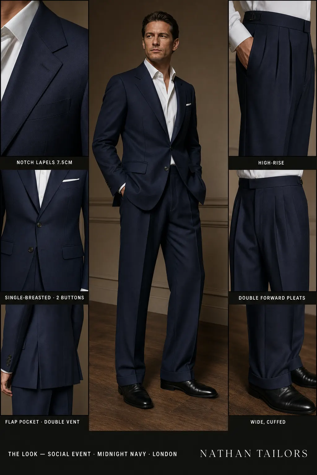 midnight navy single-breasted notch-lapel bespoke suit — AI-rendered by Nathan Tailors, the Hoi An custom tailor. Available as a custom tailored suit from $149.