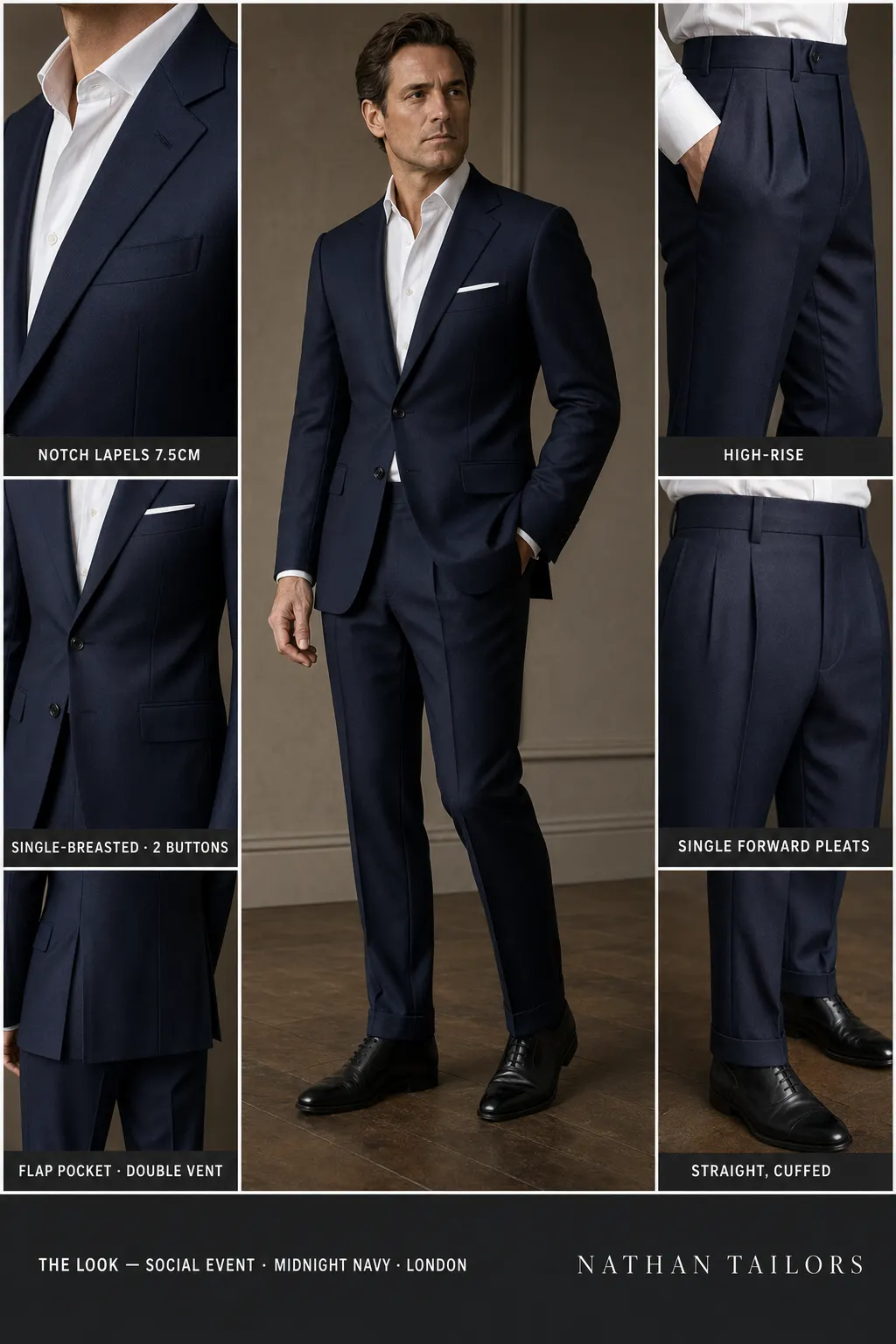 midnight navy single-breasted notch-lapel bespoke suit — AI-rendered by Nathan Tailors, the Hoi An custom tailor. Available as a custom tailored suit from $149.