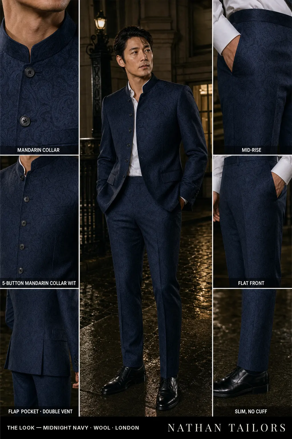 midnight navy single-breasted notch-lapel bespoke suit — AI-rendered by Nathan Tailors, the Hoi An custom tailor. Available as a custom tailored suit from $149.
