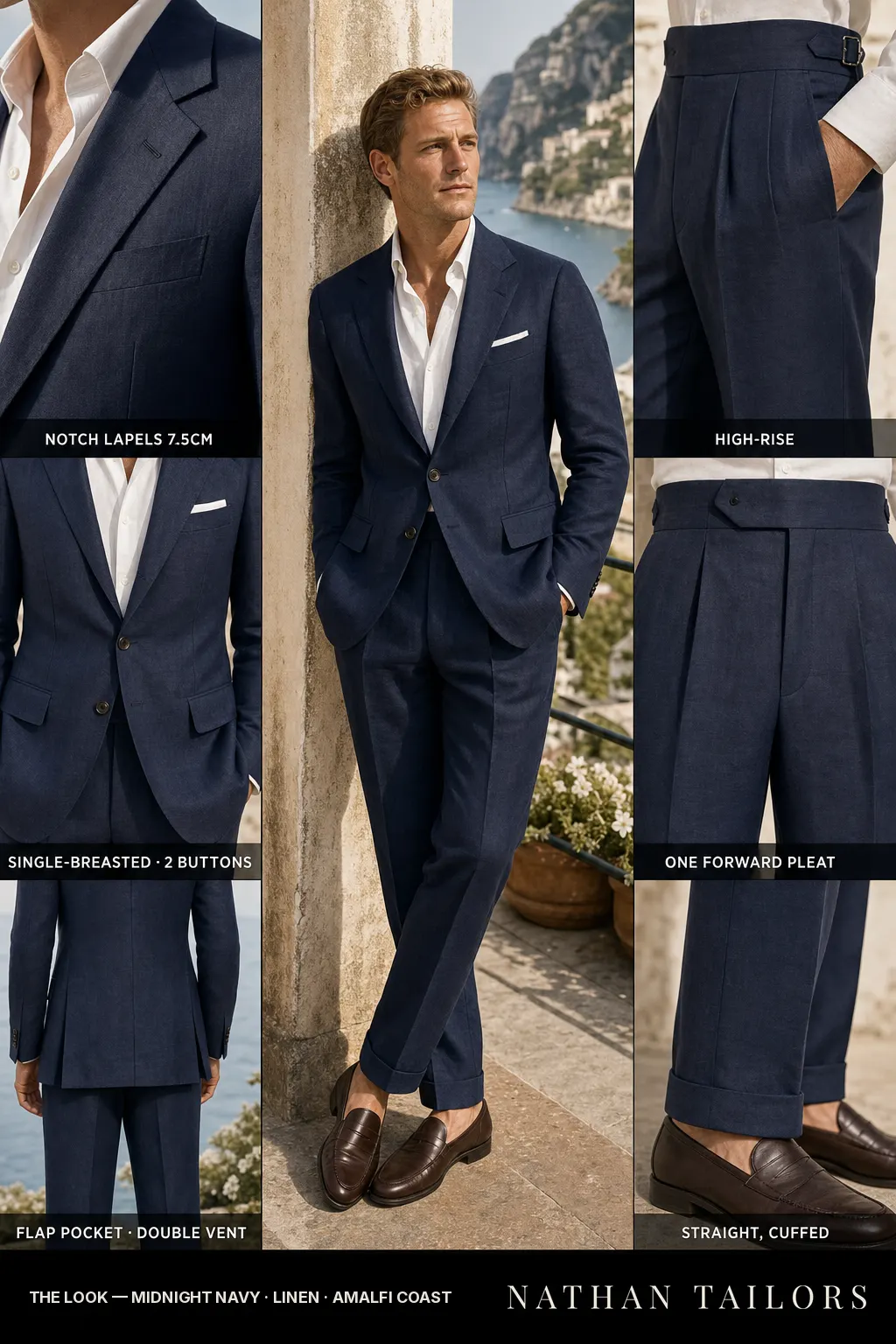 midnight navy single-breasted notch-lapel bespoke suit โ AI-rendered by Nathan Tailors, the Hoi An custom tailor. Available as a custom tailored suit from $149.