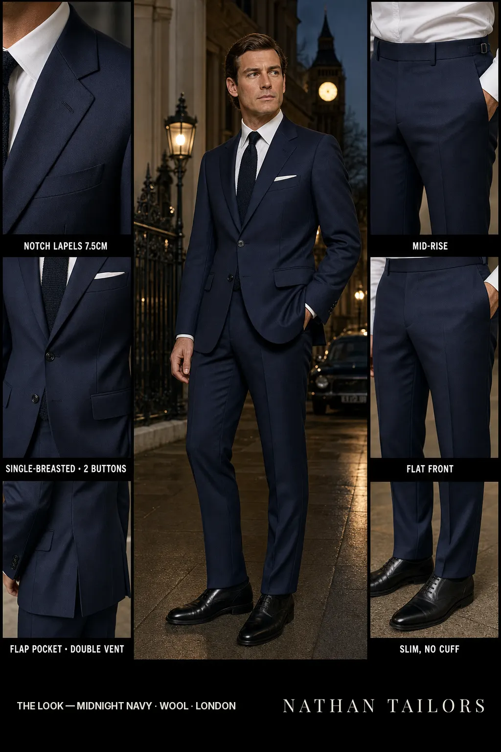midnight navy single-breasted notch-lapel bespoke suit — AI-rendered by Nathan Tailors, the Hoi An custom tailor. Available as a custom tailored suit from $149.
